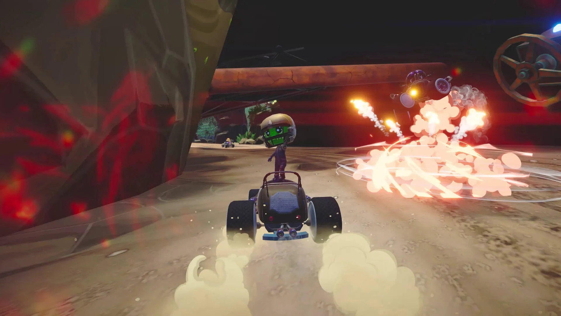 Hot Rod Mayhem: Character performs stunt on dirt track, fires rockets at rival under huge machinery.