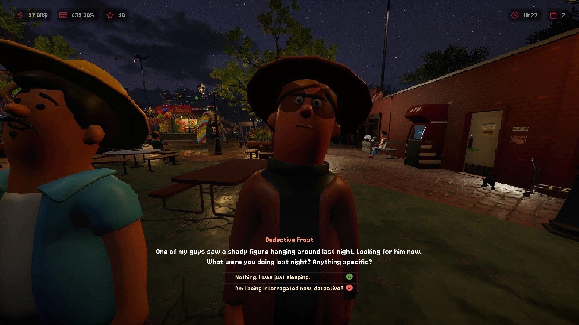 Hotdog Butcher: Detective Frost questions player at night carnival with dialogue choices displayed