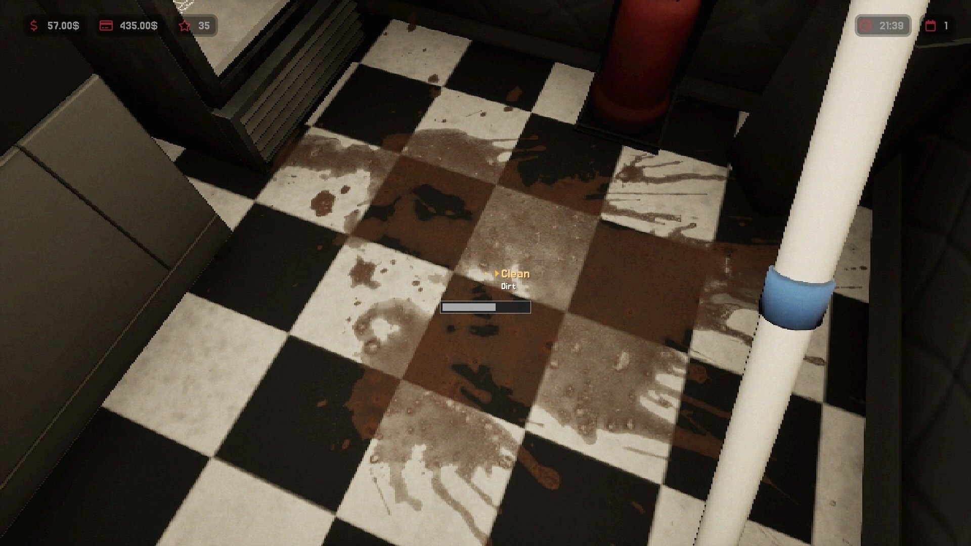 Hotdog Butcher: Cleaning a dirty checkered floor in the dimly lit interior of a hotdog truck.
