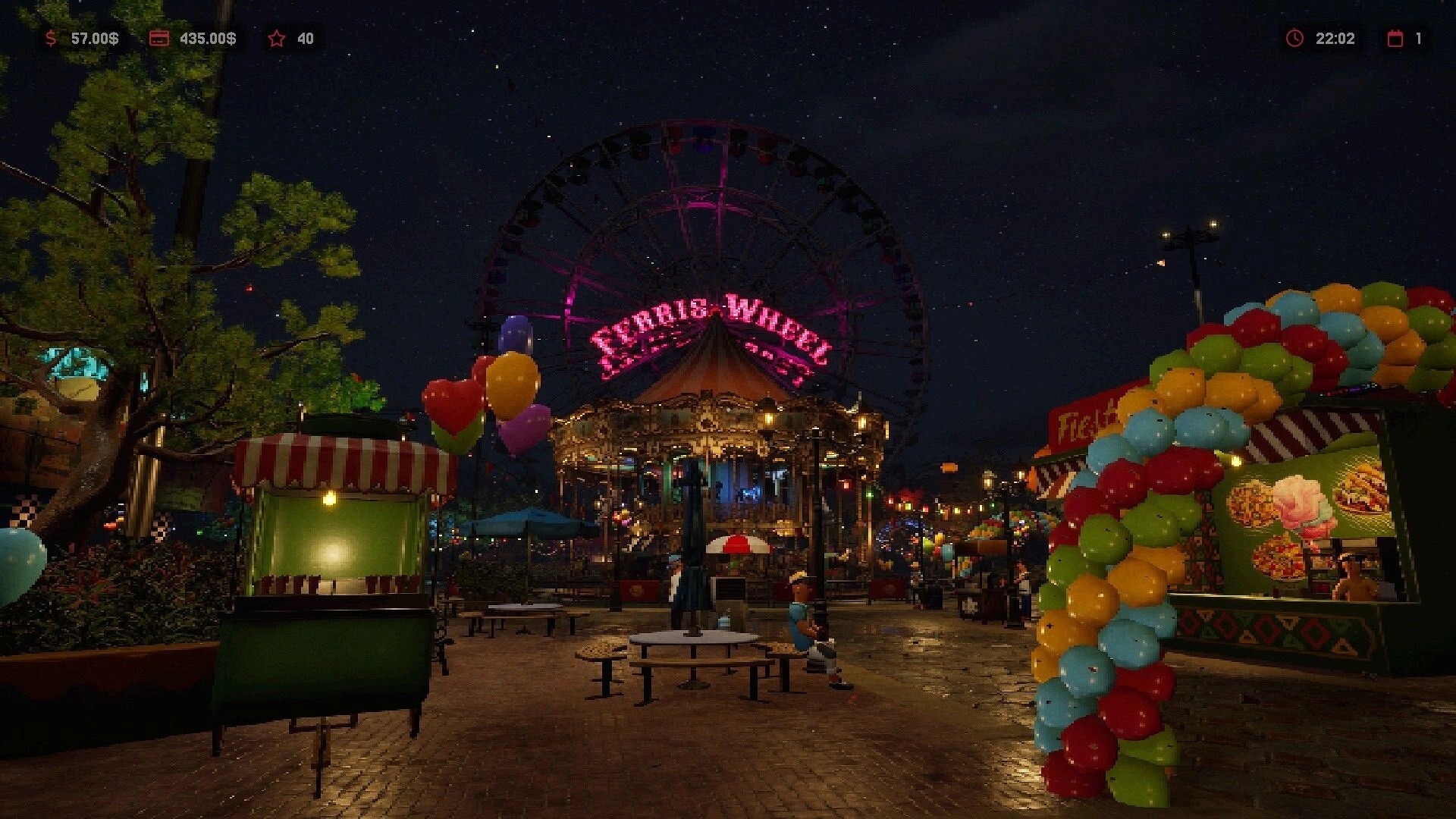 Hotdog Butcher: Carnival night scene with Ferris wheel, balloon arch, and empty food stalls