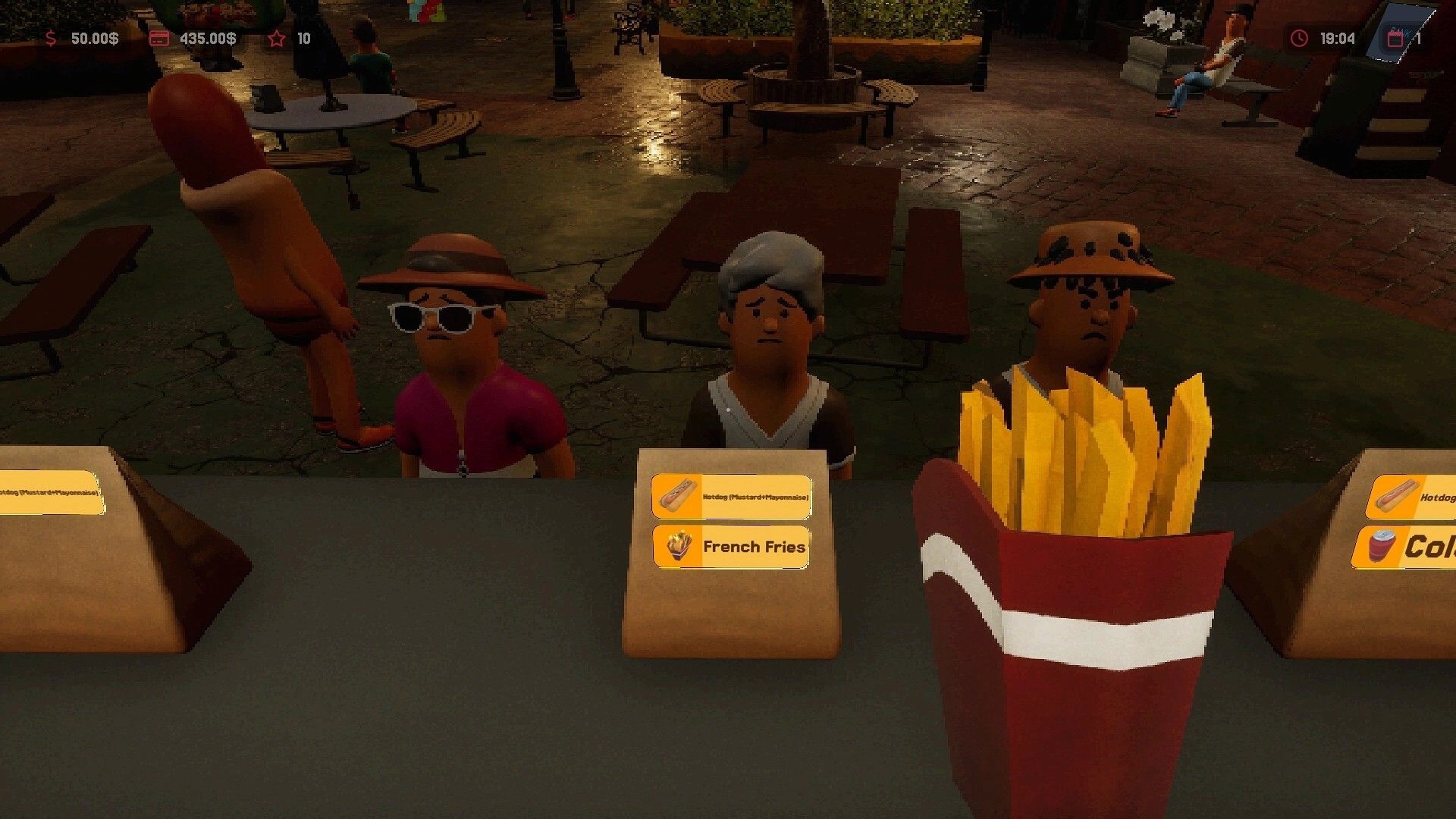 Hotdog Butcher: Three customers at hotdog truck counter with menu items and fries in carnival setting