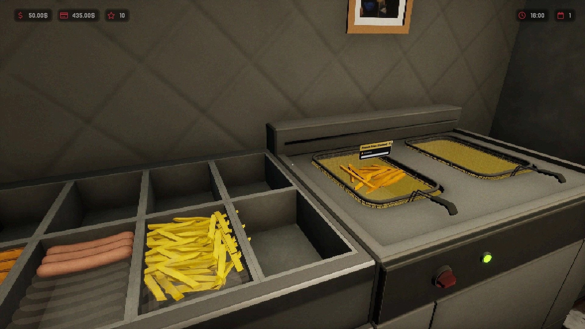 Hotdog Butcher: Fryer cooking fries with hotdog ingredients beside; carnival food truck kitchen setup