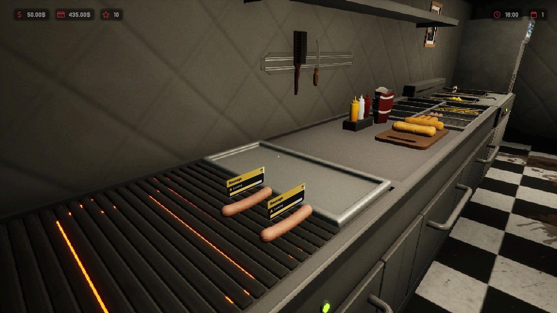 Hotdog Butcher: Two sausages grilling in a hotdog truck kitchen with condiments and tools on the counter