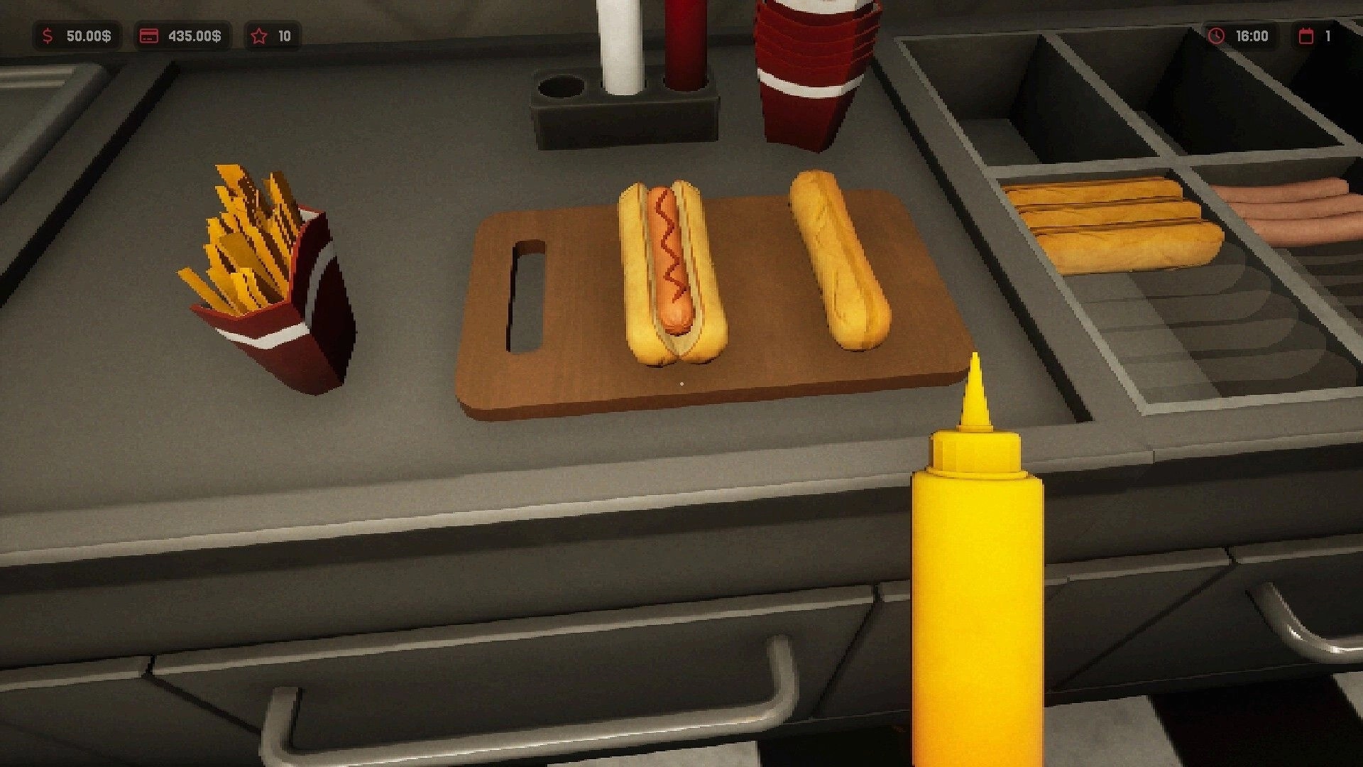 Hotdog Butcher: Preparing hotdogs and fries on a counter inside a food truck with condiment bottles nearby
