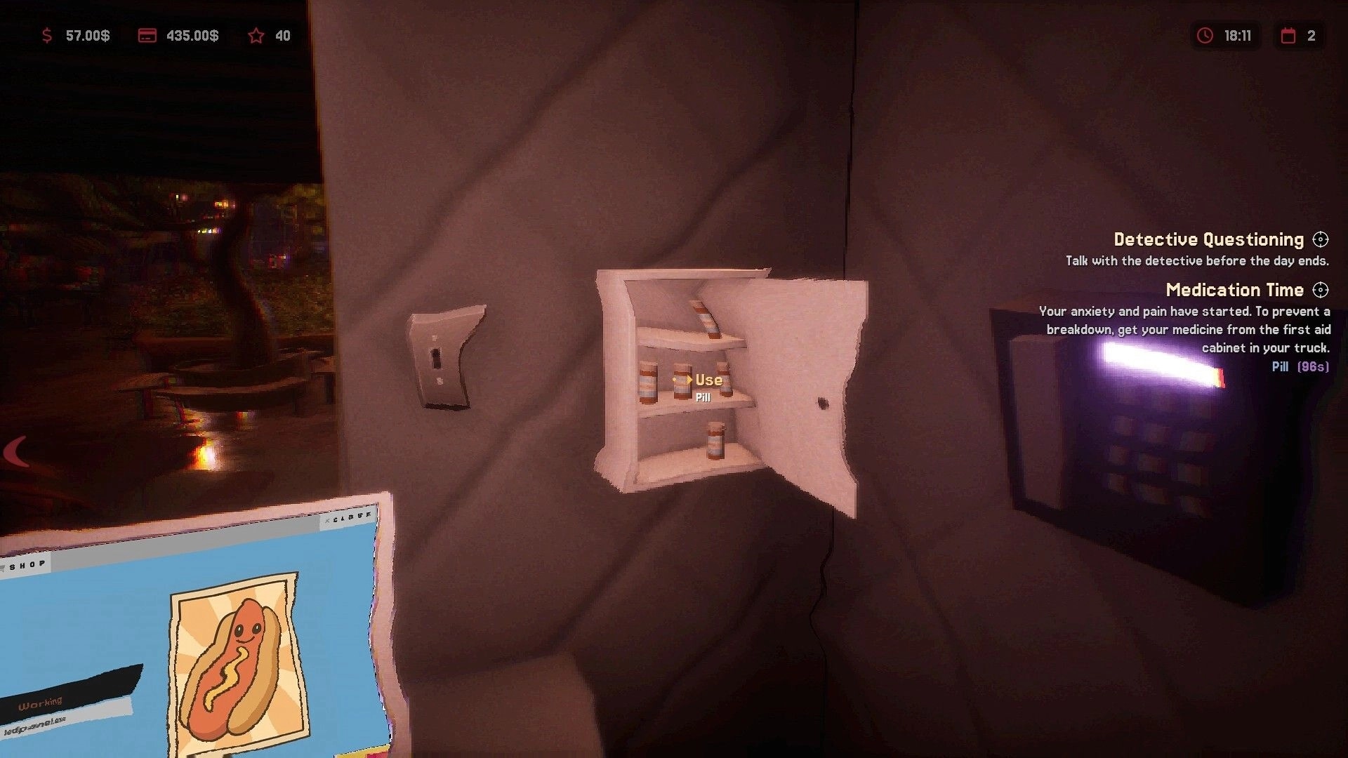 Hotdog Butcher: Open medicine cabinet with pills in a dimly lit truck interior with glowing keypad.