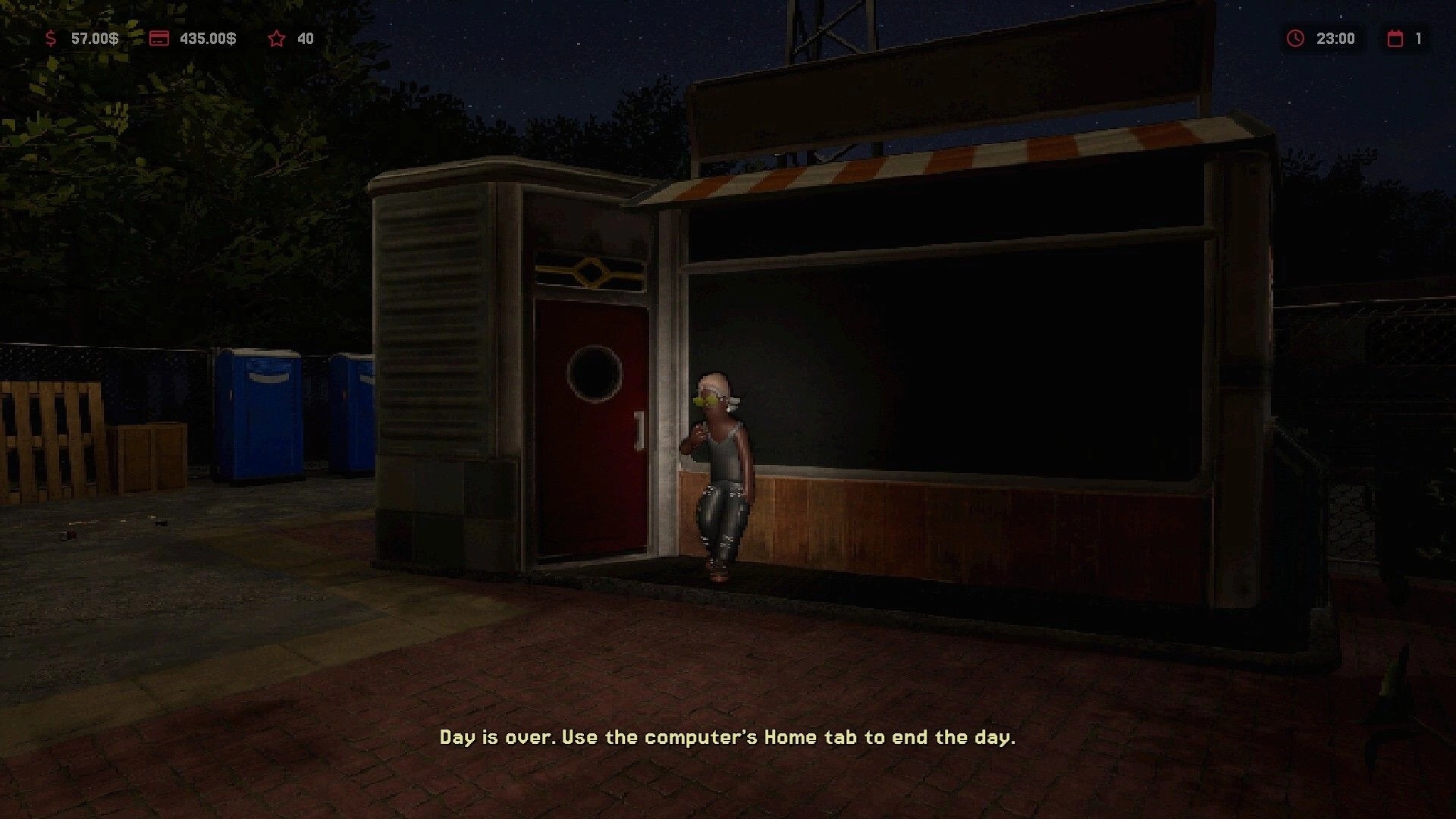 Hotdog Butcher: Character stands outside darkened hotdog truck at night with gameplay UI elements visible.