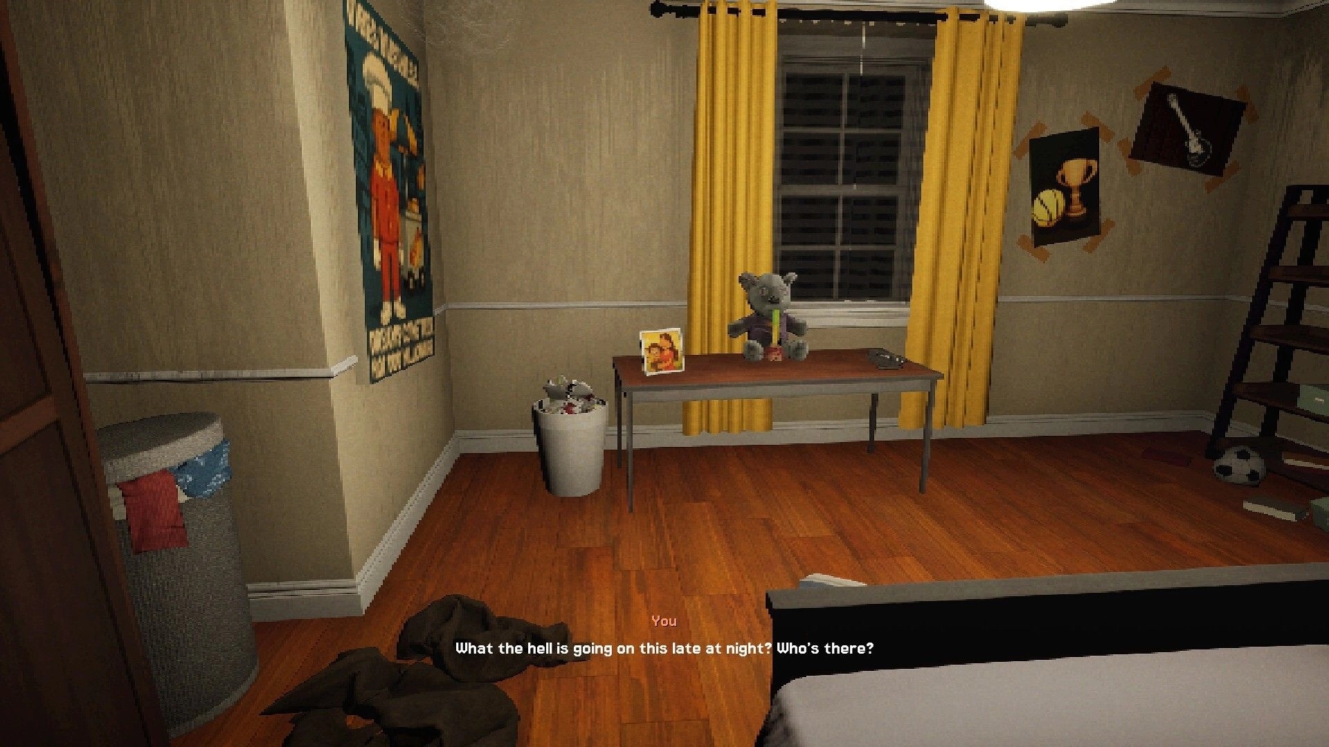 Hotdog Butcher: Bedroom scene with a poster, teddy bear on table, and text dialogue at the bottom