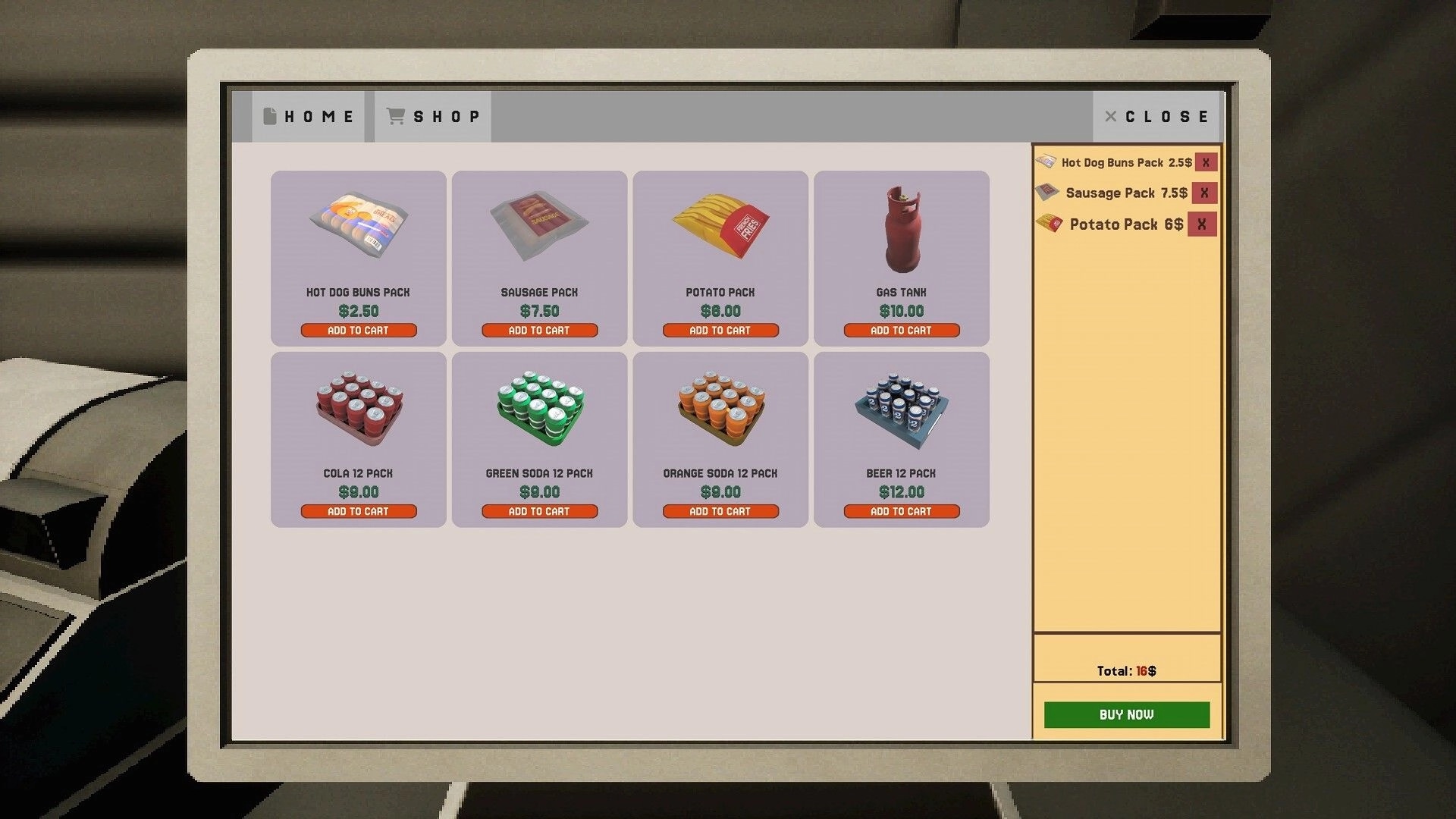 Hotdog Butcher: Shopping interface with items like hot dog buns, sausages, and sodas in truck setting