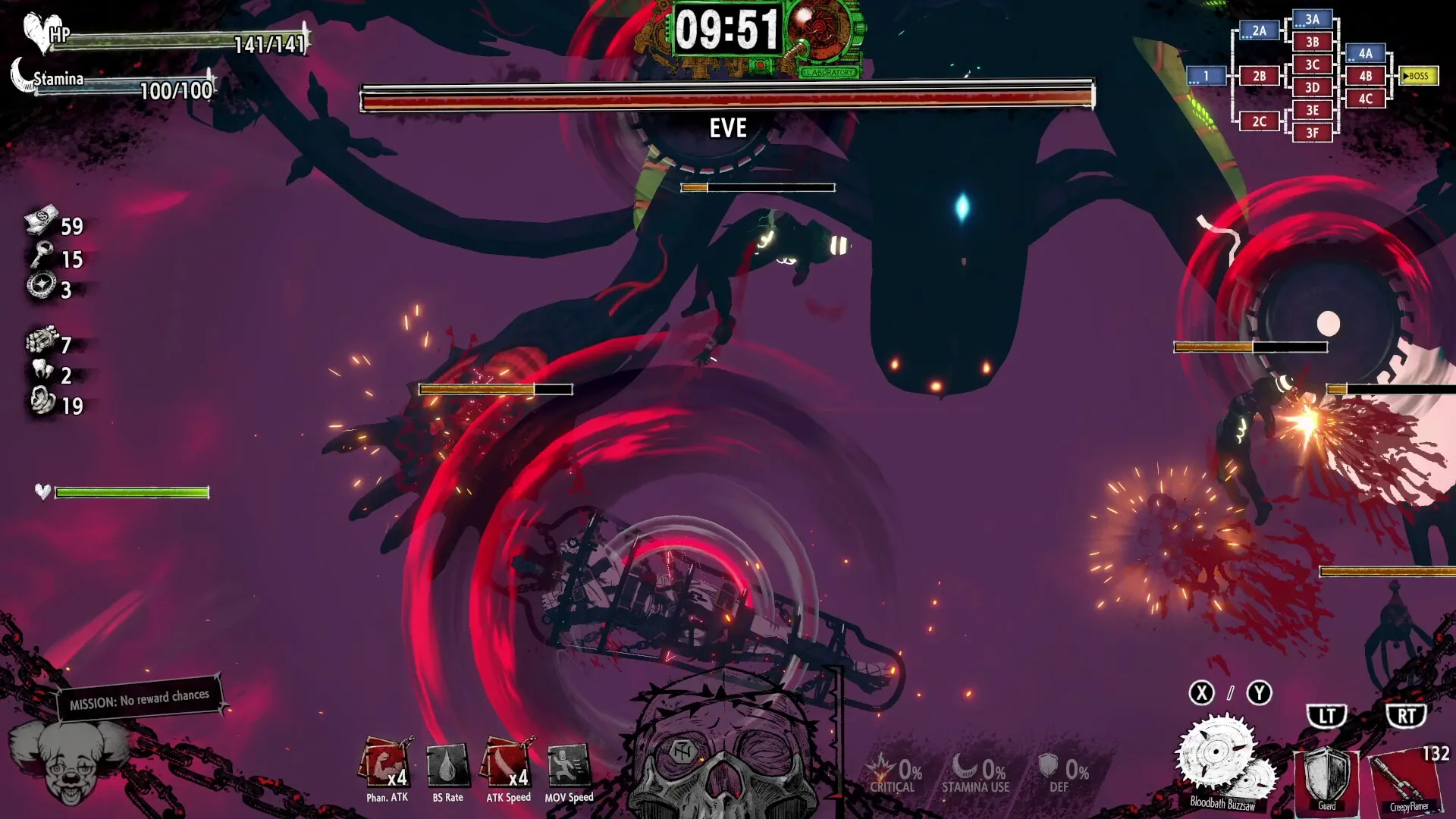 HOTEL BARCELONA: Combat with Eve boss in dark environment, player stats and timer displayed on screen.