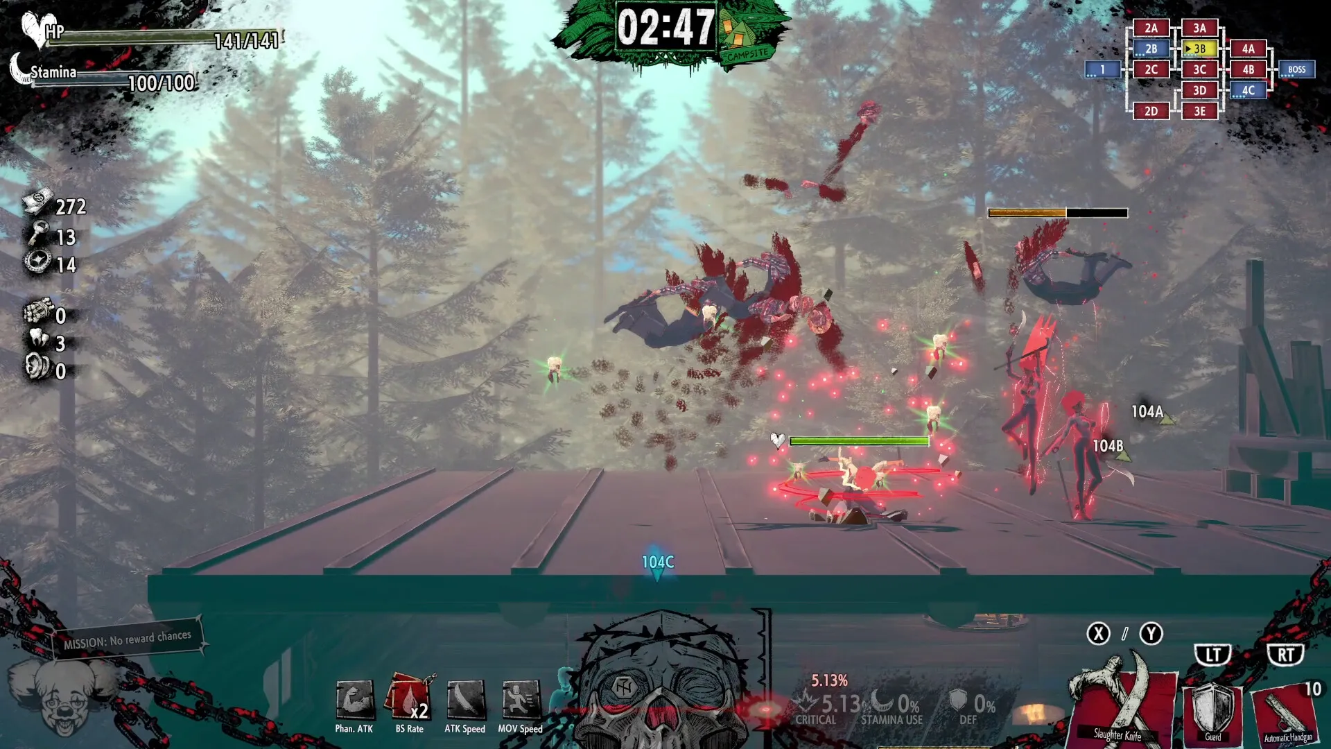 HOTEL BARCELONA: Intense combat with red phantoms in a forest setting, health and stamina displayed.