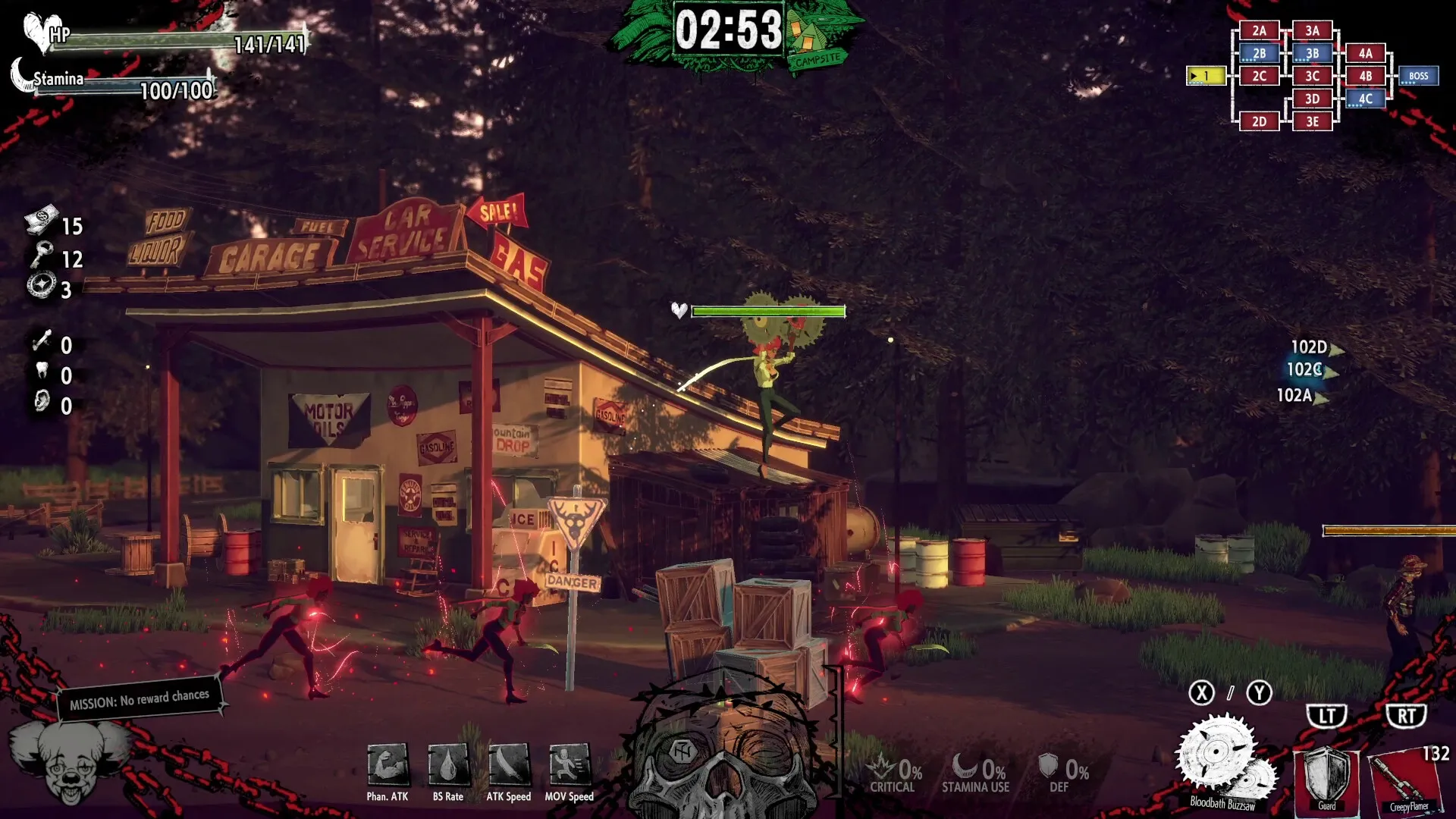 HOTEL BARCELONA: Character with chainsaw fighting enemies near a gas station in a forest setting.