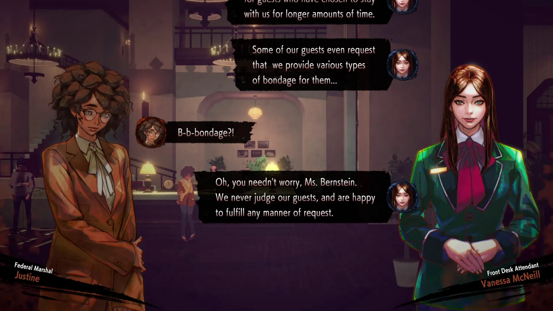 HOTEL BARCELONA: Justine and Vanessa converse in a dimly lit hotel lobby with text dialogue bubbles.