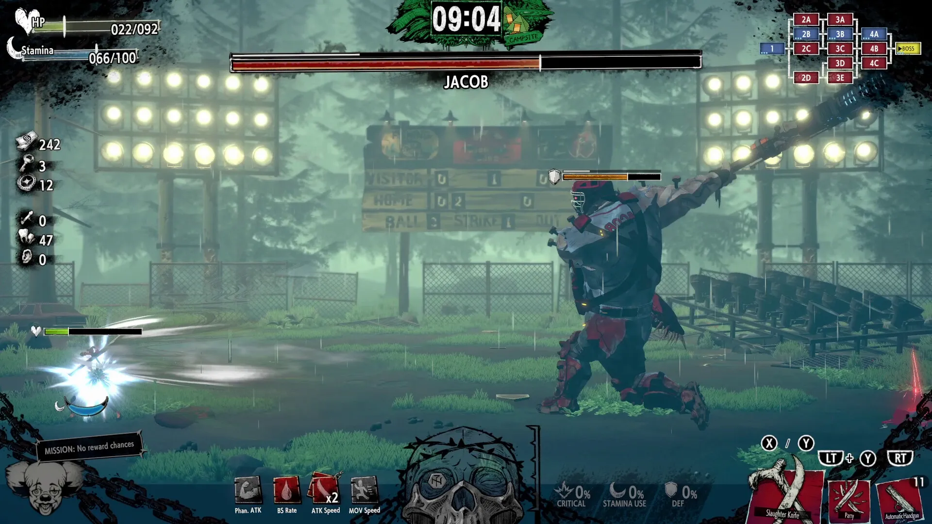 HOTEL BARCELONA: Player battling boss Jacob in a foggy outdoor arena with HUD and health bars visible