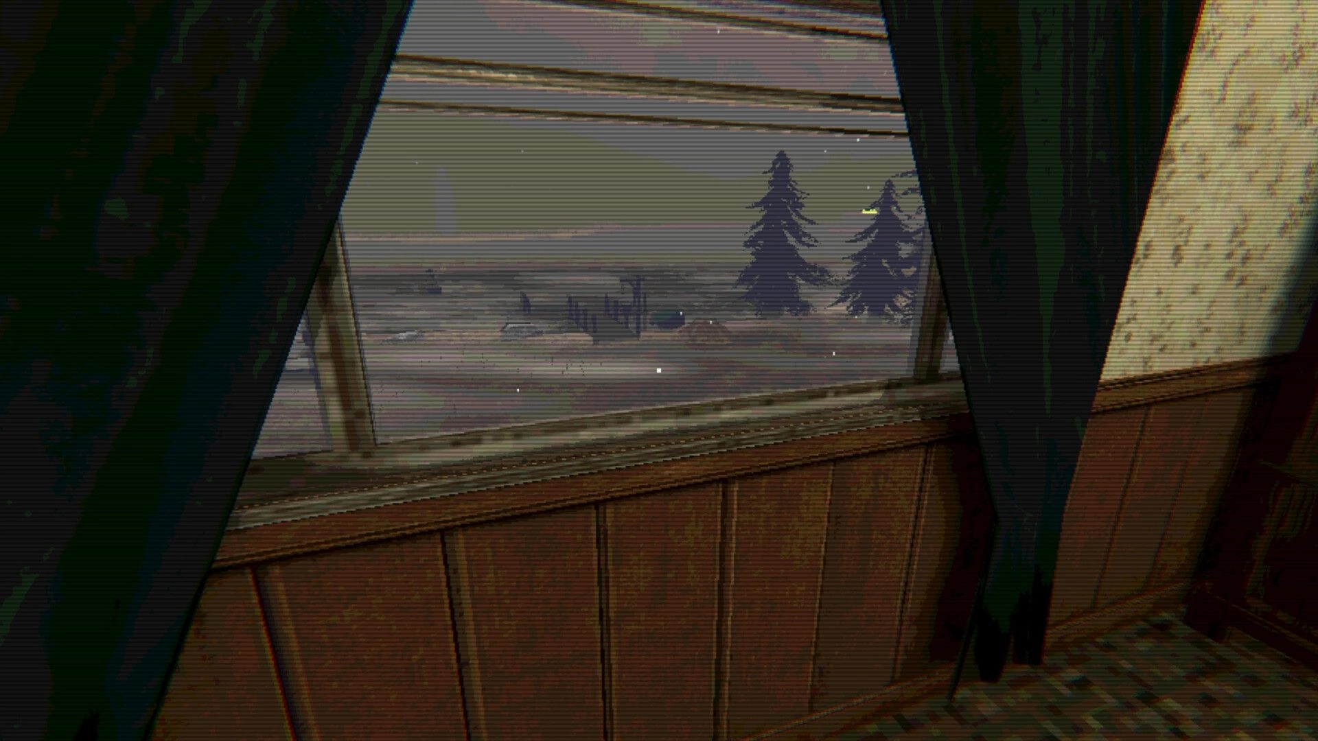 Hotel of Seams: Looking out a window at snowy pines and a foggy lake from a dim hotel room interior.