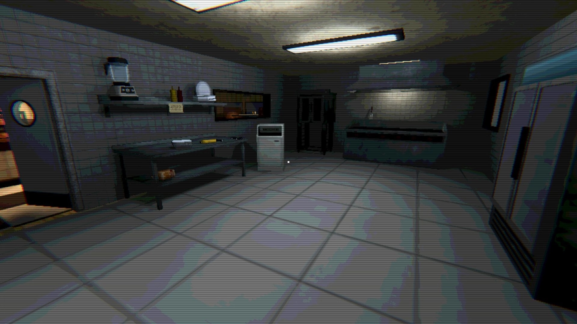 Hotel of Seams: Empty back kitchen with prep table and shelves, lit by fluorescent lights indoors.