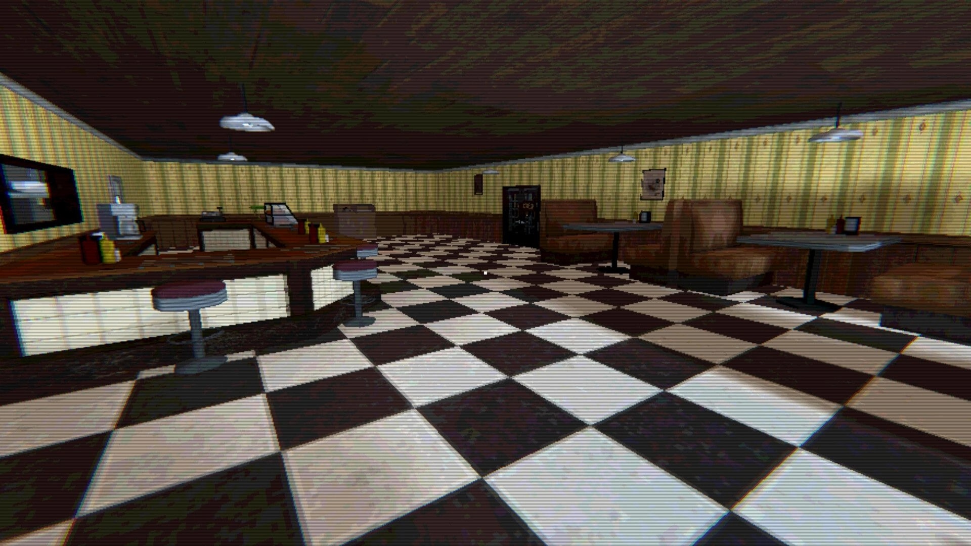 Hotel of Seams: Empty diner counter with stools and booths, checkered floor under dim hanging lights.