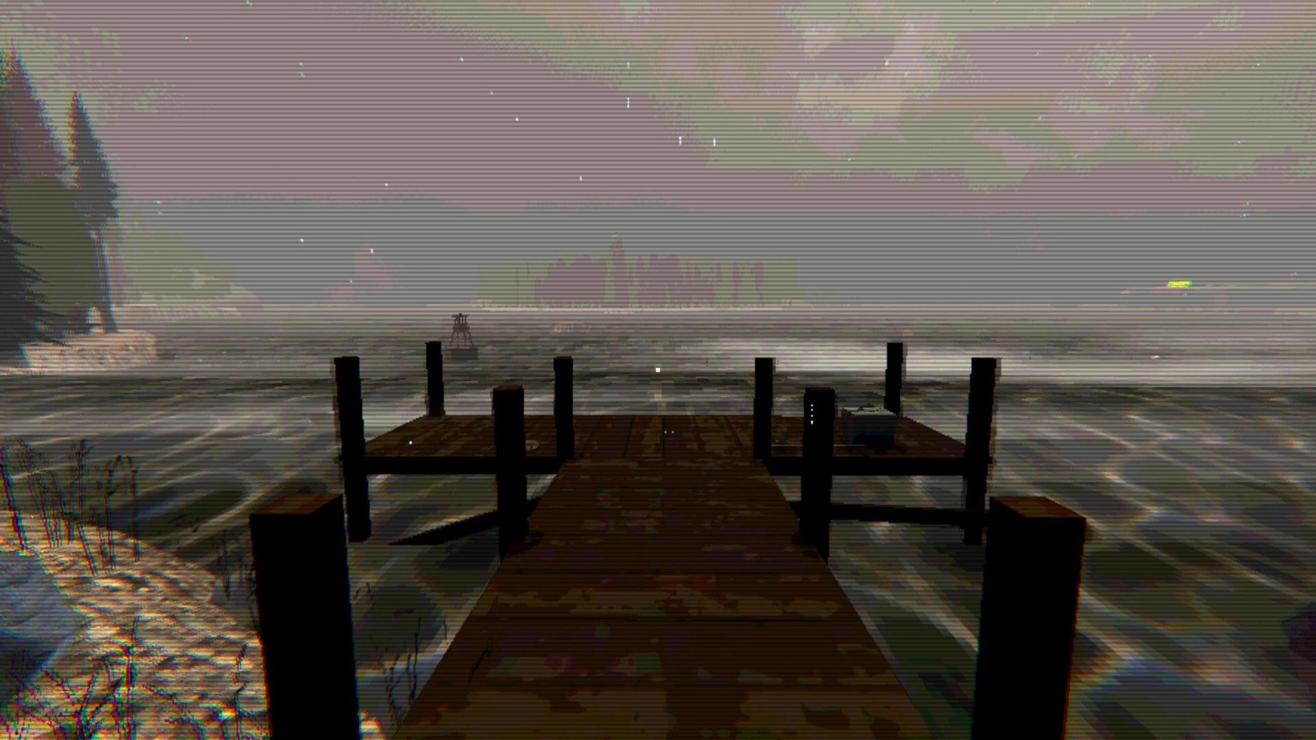 Hotel of Seams: Empty wooden dock over rippling lake at dusk, distant buoy and foggy shoreline ahead.