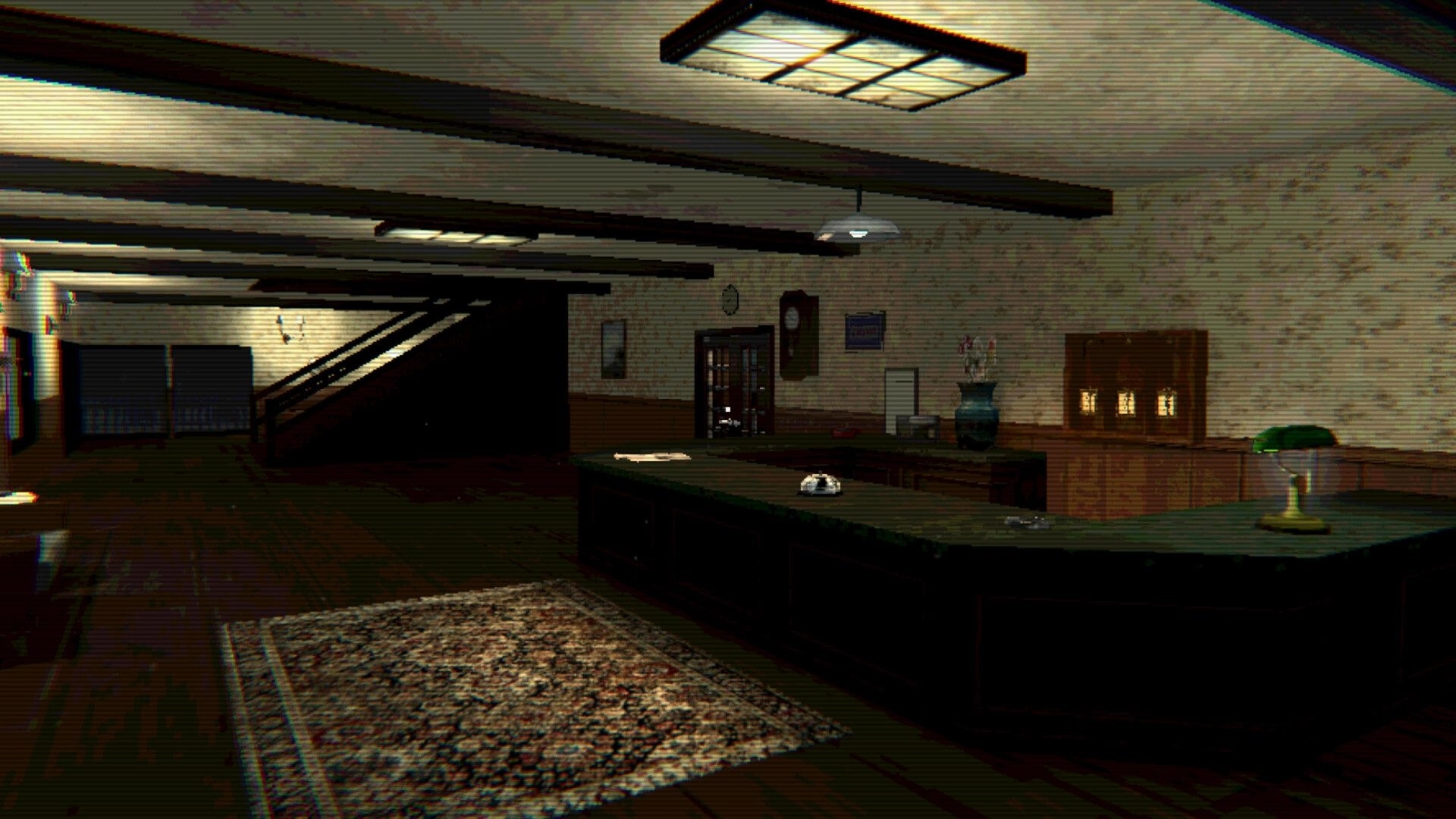 Hotel of Seams: Quiet front desk with bell and key cubbies in dim hotel lobby with stairs and rug.