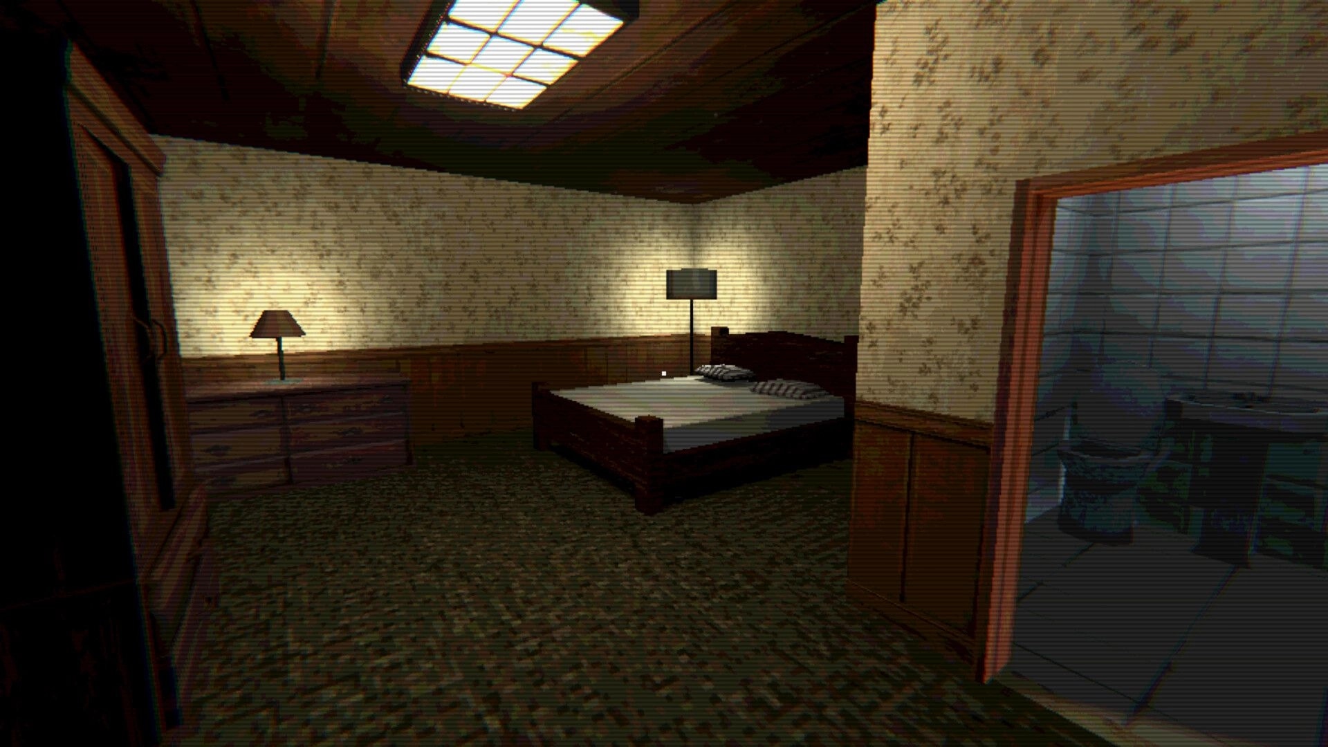 Hotel of Seams: Empty guest room with bed and lamps, open bathroom doorway in grainy motel interior.