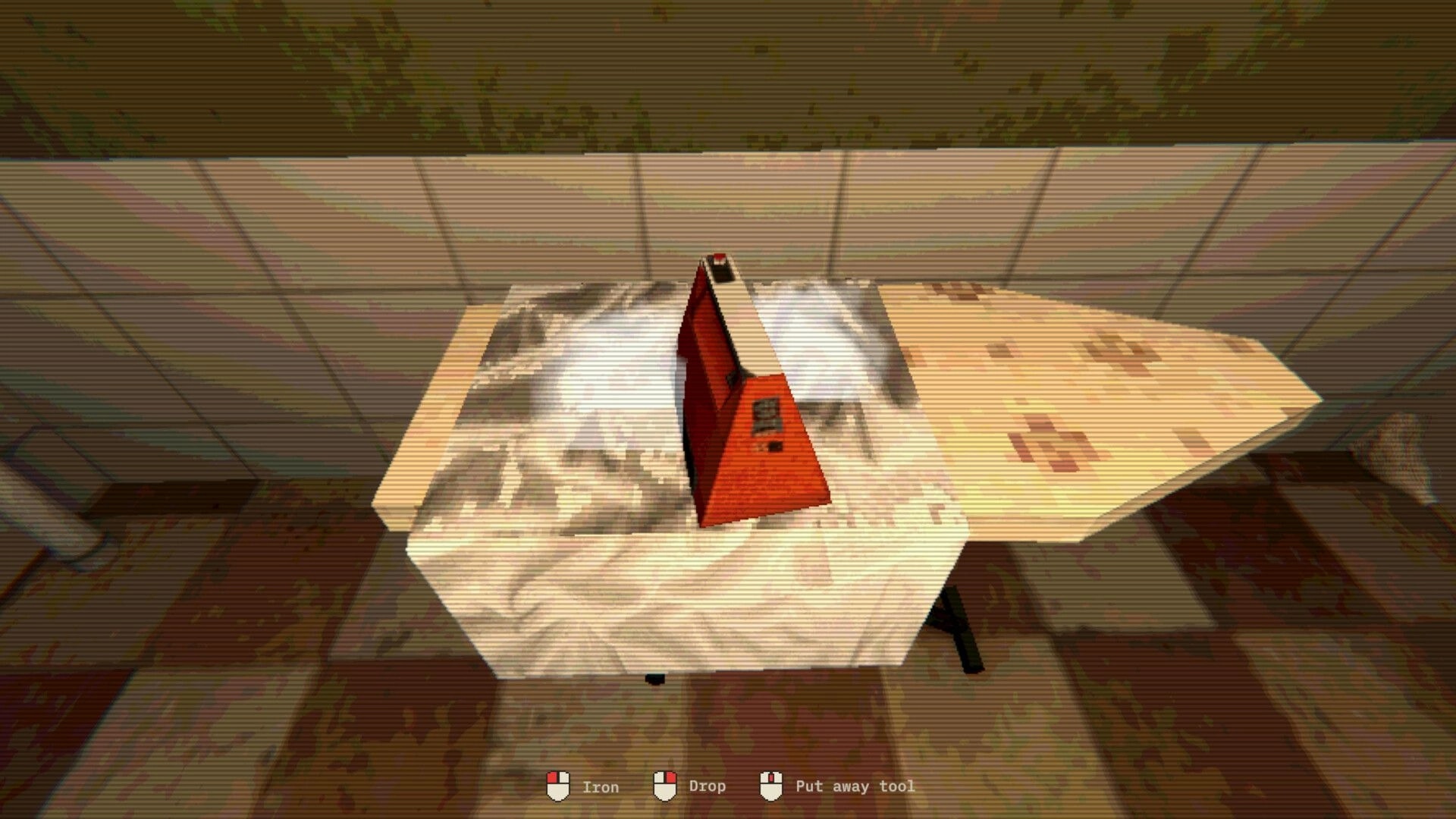 Hotel of Seams: Red iron on an ironing board in a tiled laundry room with bottom UI prompts.