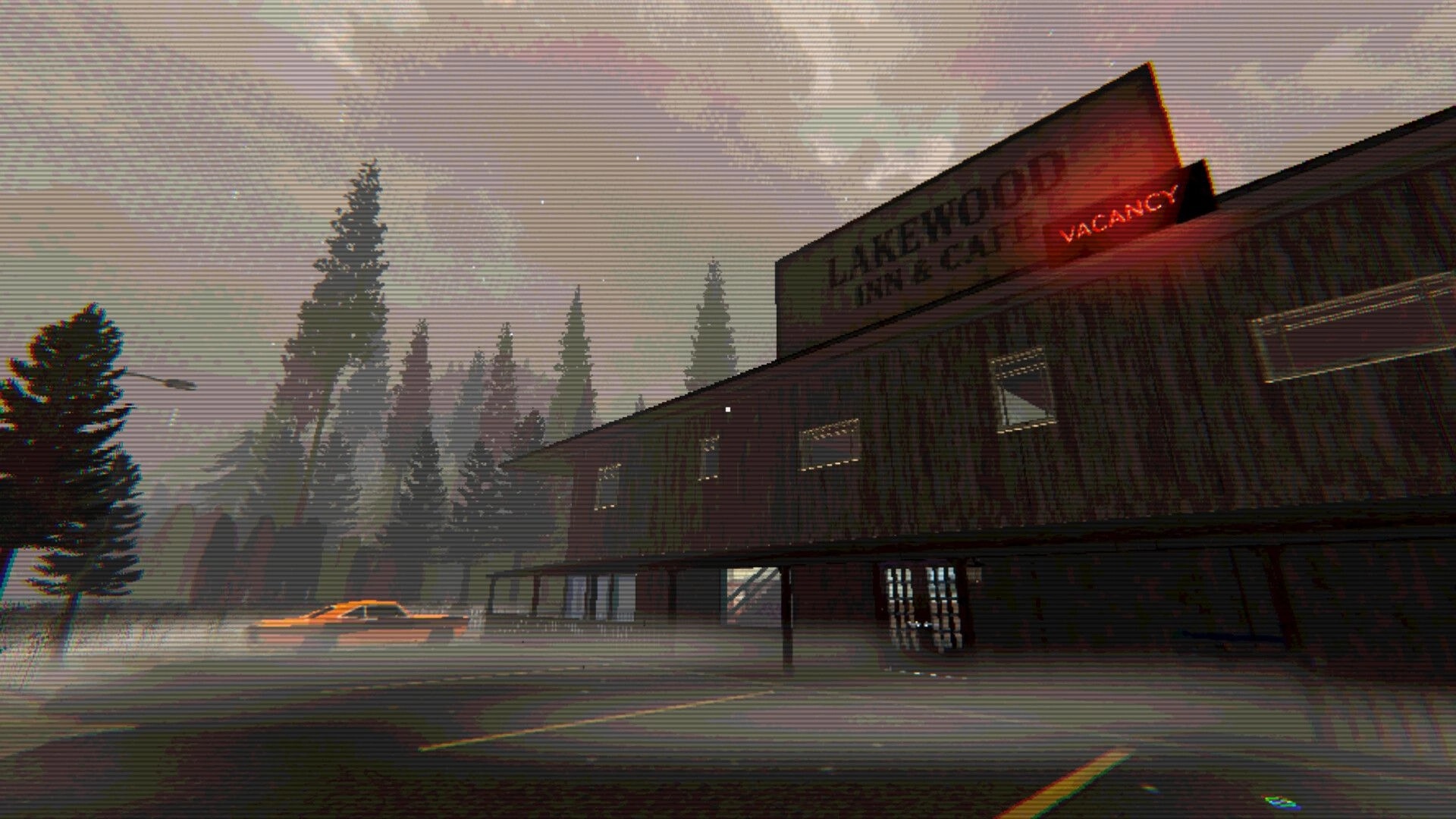 Hotel of Seams: Exterior view of Lakewood Inn & Cafe with neon Vacancy sign in foggy forest roadside.