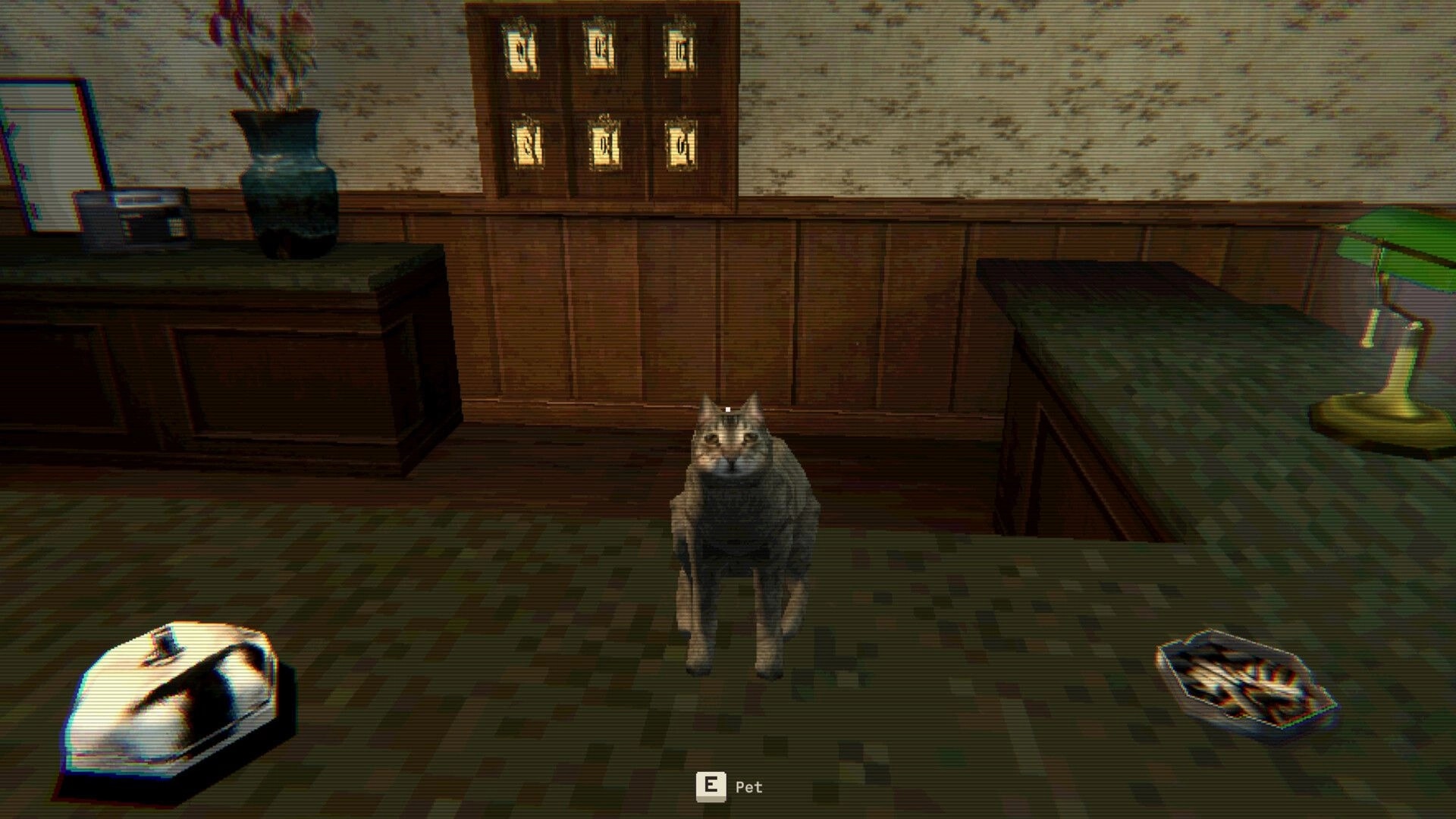 Hotel of Seams: Tabby cat by reception counter with E Pet prompt in wood-paneled lobby, key cubbies above.