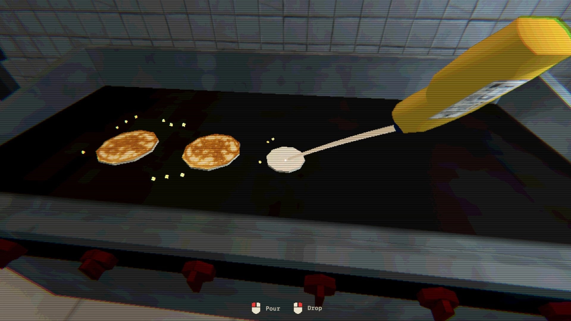 Hotel of Seams: Pouring batter onto a griddle beside two pancakes in the diner kitchen station UI.