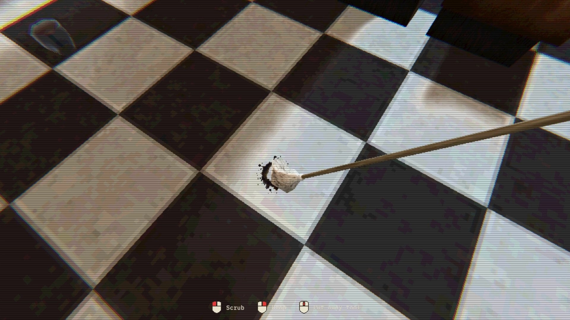 Hotel of Seams: Scrubbing a dark stain with a mop on checkered tiles in a grimy kitchen floor view.