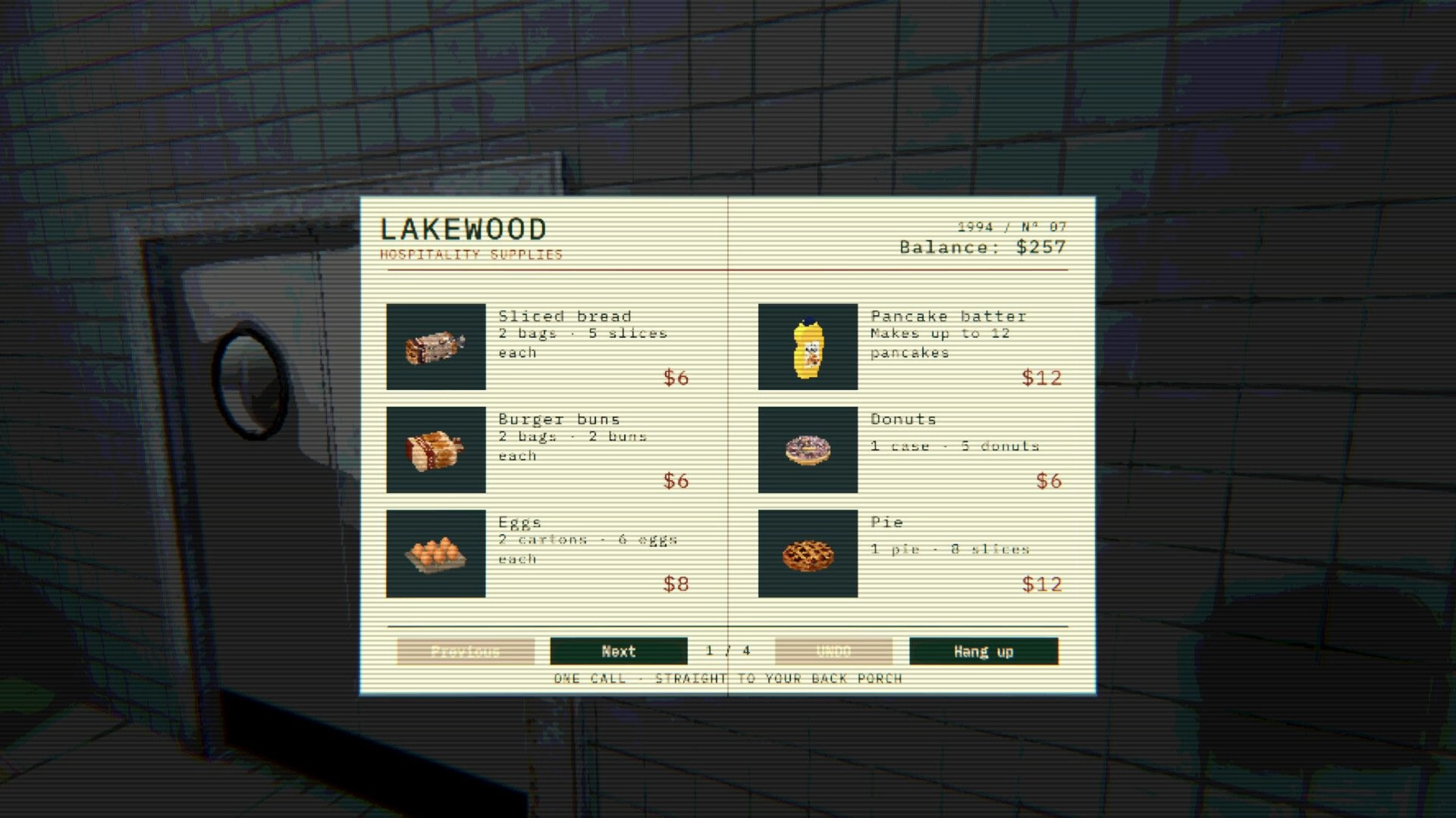 Hotel of Seams: Lakewood supplies order menu listing bread, eggs, donuts, and pie over tiled wall backdrop.
