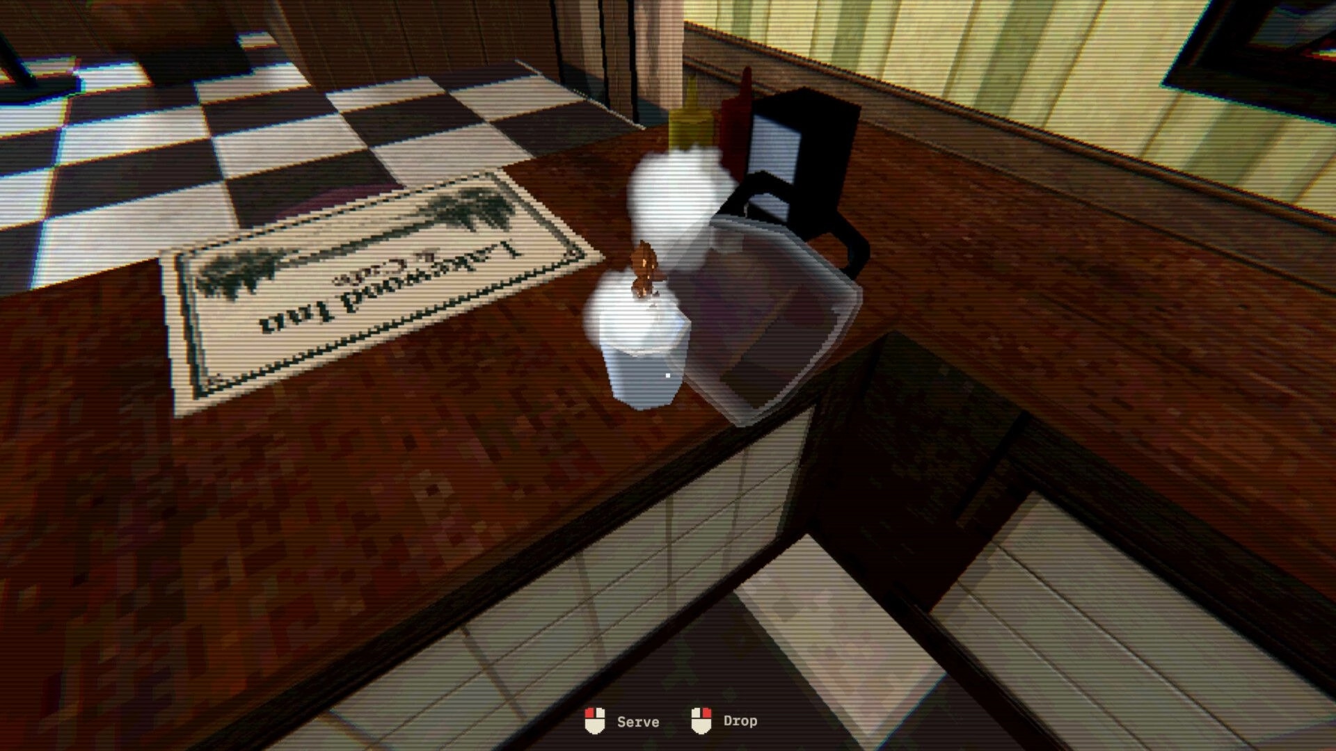 Hotel of Seams: Holding a tray with two drinks and condiments behind the diner counter by the welcome mat.