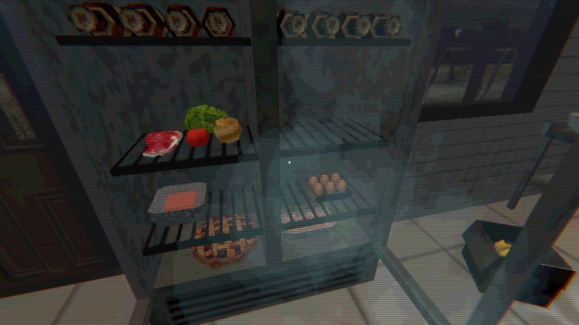 Hotel of Seams: Open fridge with meat, eggs, and vegetables on shelves in a tiled kitchen area.
