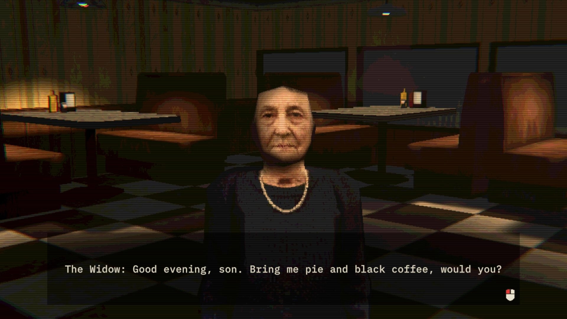 Hotel of Seams: The Widow requests pie and black coffee via dialogue box in a dim diner booth area.