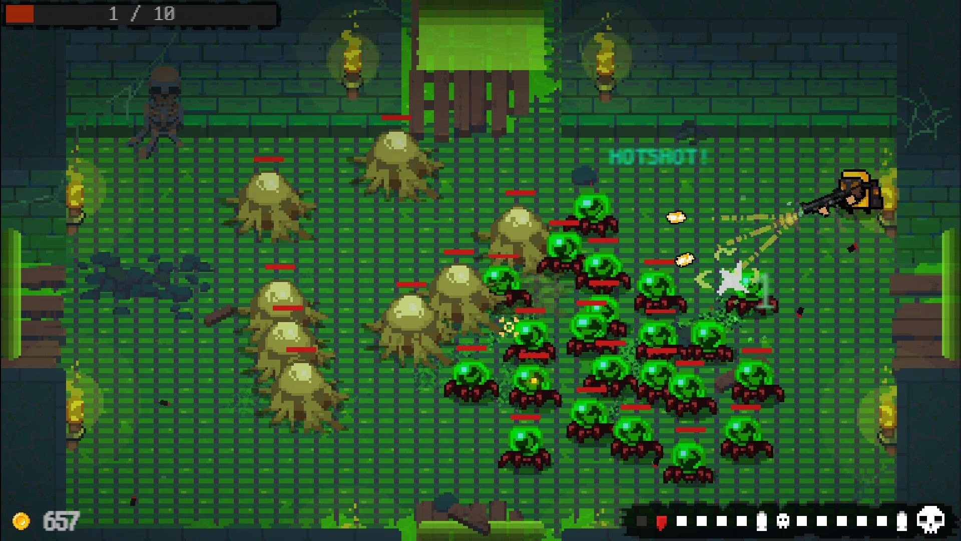 HOTSHOTS: Player fires rifle into a swarm of green spiders in a torchlit dungeon room arena