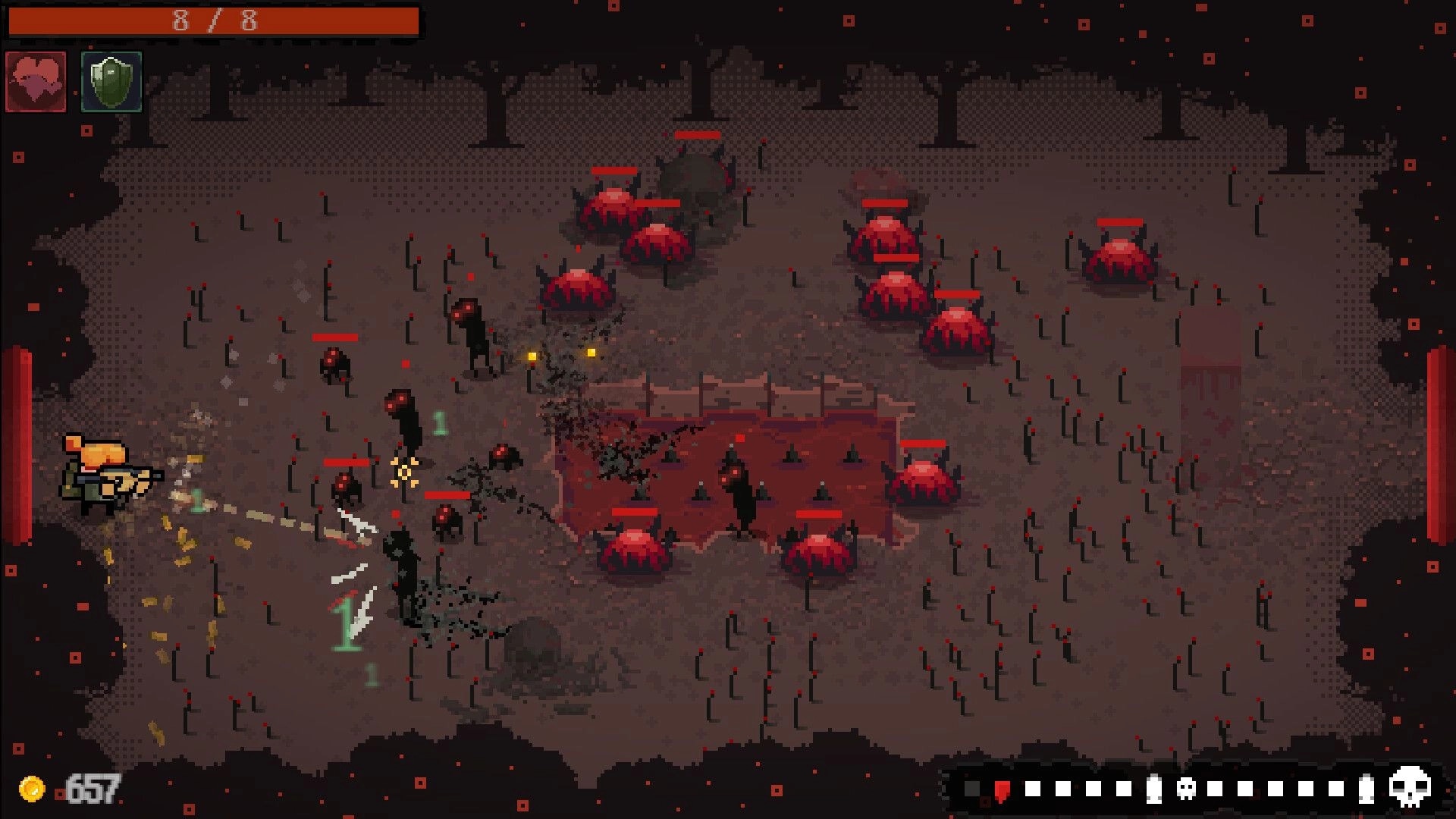 HOTSHOTS: Player fires at shadow enemies near blood pool, health bar and ammo UI in dark arena