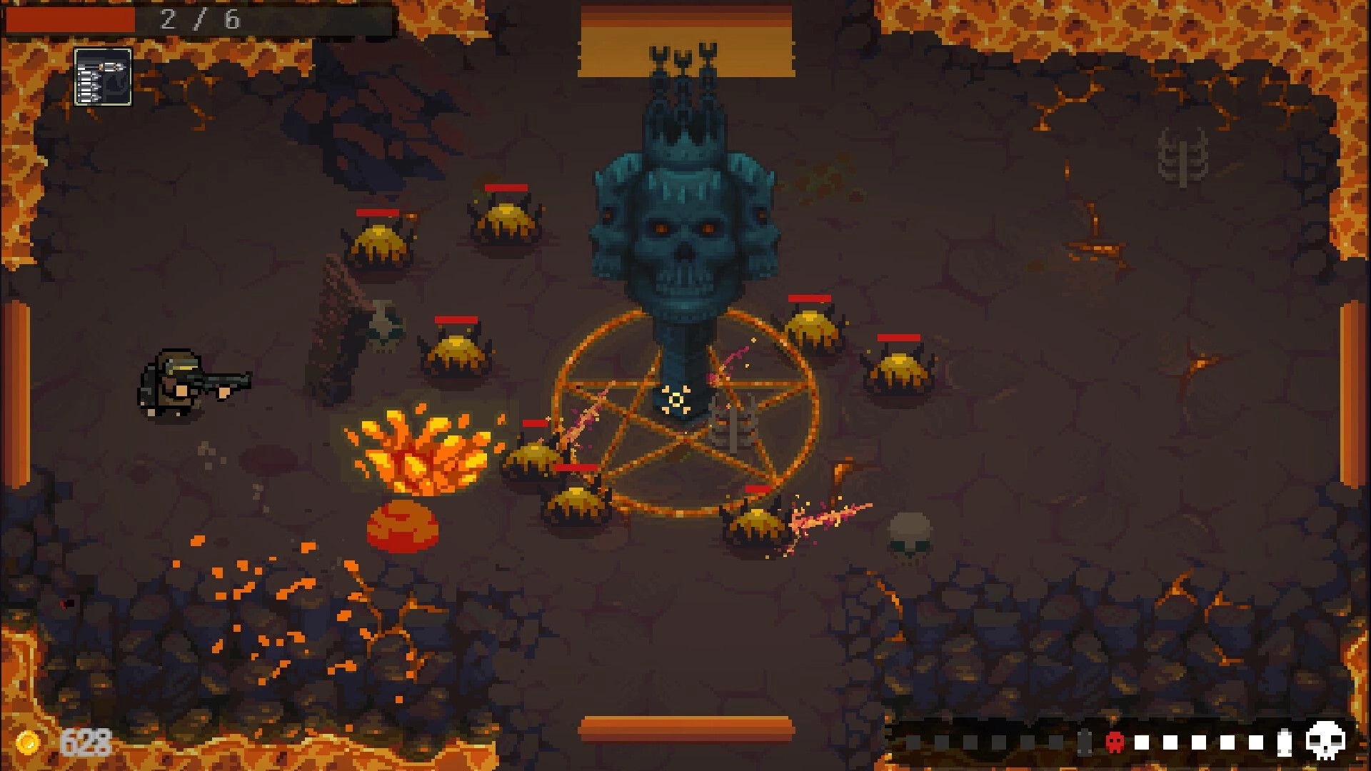 HOTSHOTS: Gunman fires at swarming spiders around a skull idol and pentagram in a lava cave arena