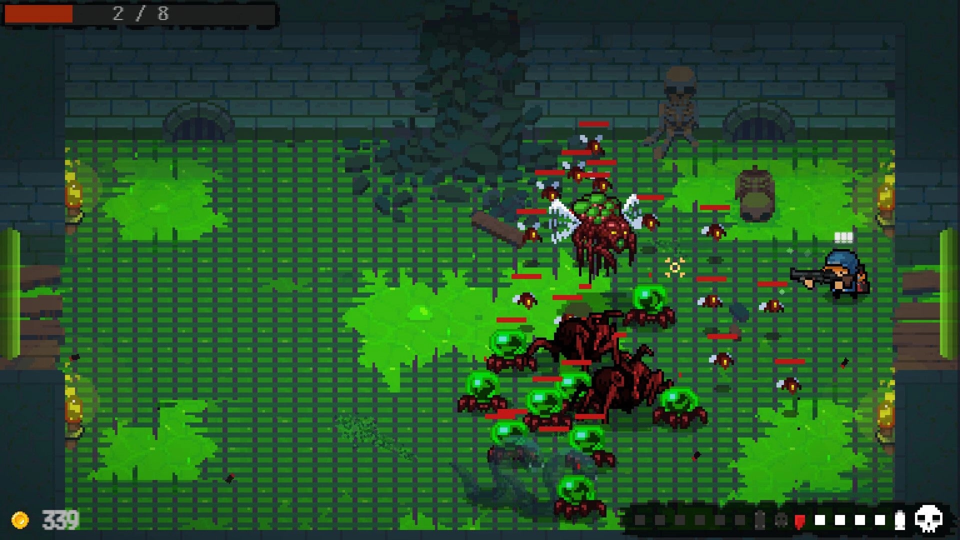 HOTSHOTS: Player aims rifle at swarming spiders and slimes in a sewer room with health bar UI