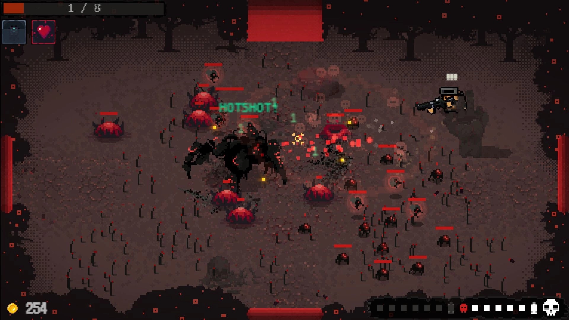 HOTSHOTS: Player fires shotgun at swarming red enemies and a giant spider in a dark forest arena