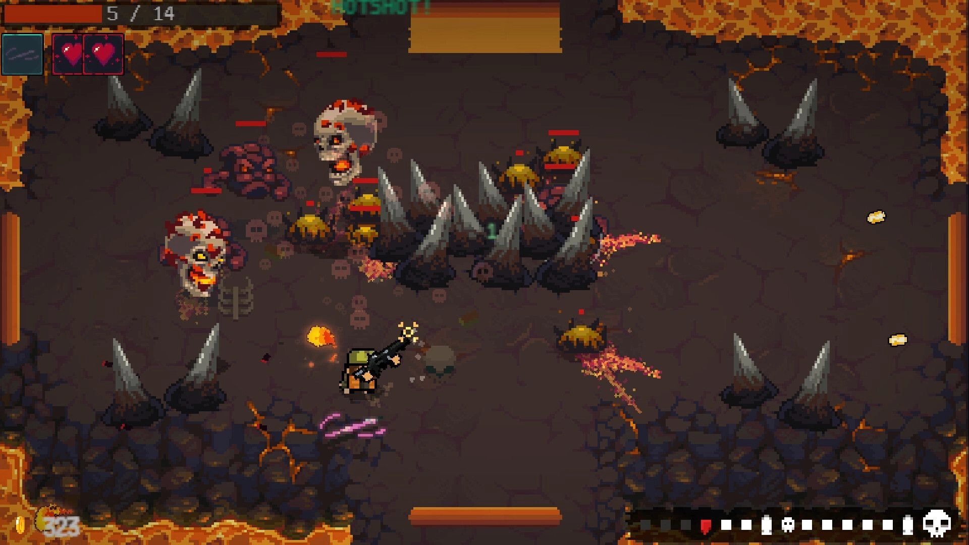 HOTSHOTS: Soldier fires rifle at skull monsters and bugs amid spike traps in a lava cavern arena UI
