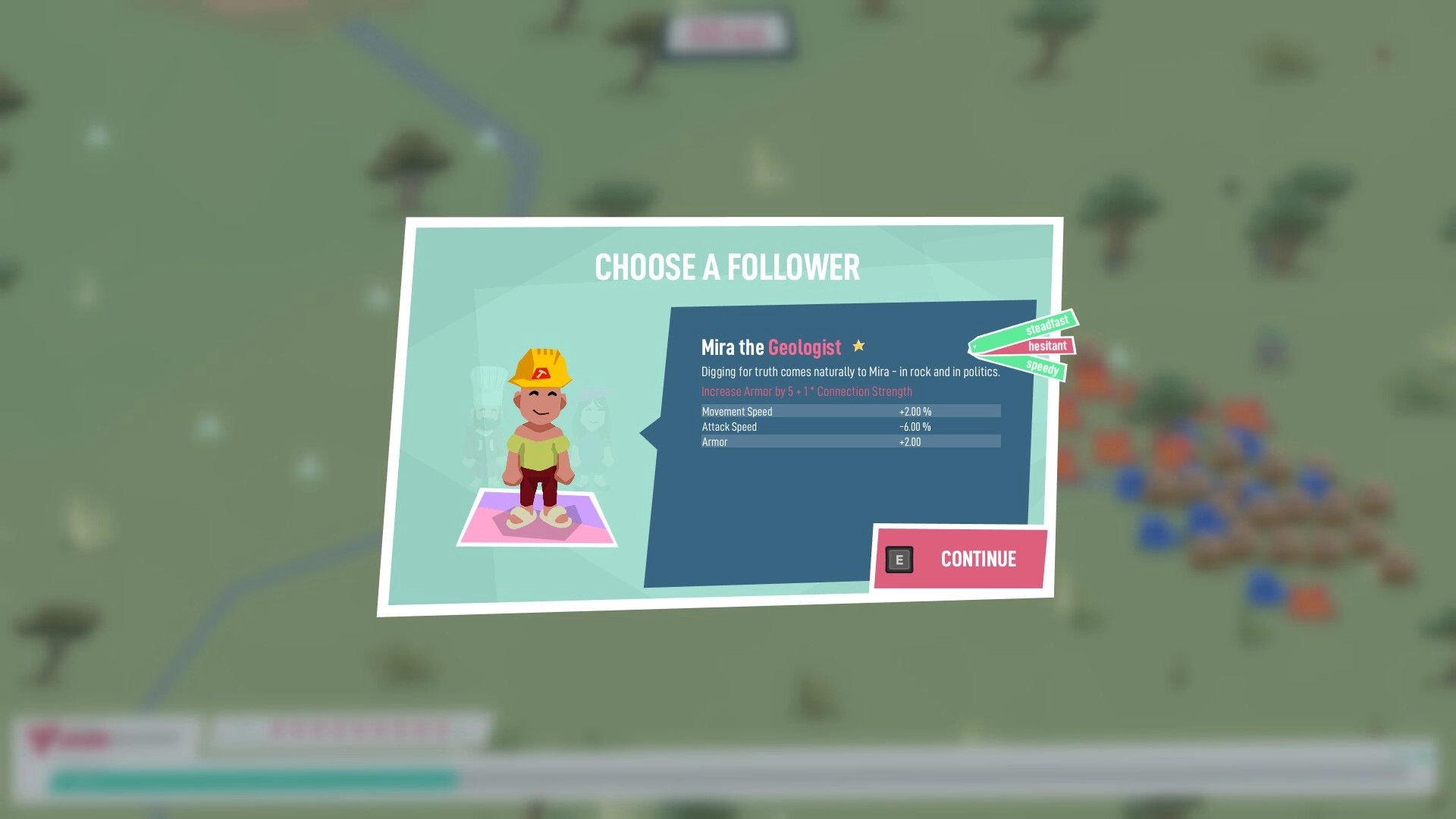 Hotspot Earth: Choose a follower menu for Mira the Geologist over a blurred town map backdrop.