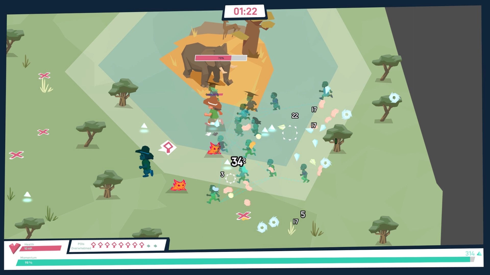 Hotspot Earth: Player mob fights green enemies near an elephant boss in a savanna arena with timer UI.