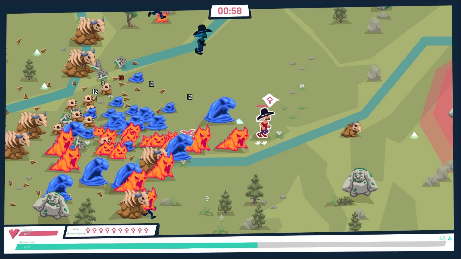 Hotspot Earth: Player dodges fire and blue sludge waves on grassy map with 00:58 timer and HP bar.
