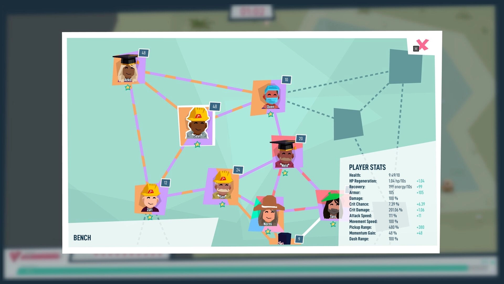 Hotspot Earth: Bench network screen linking ally portraits with stats panel on teal map background.