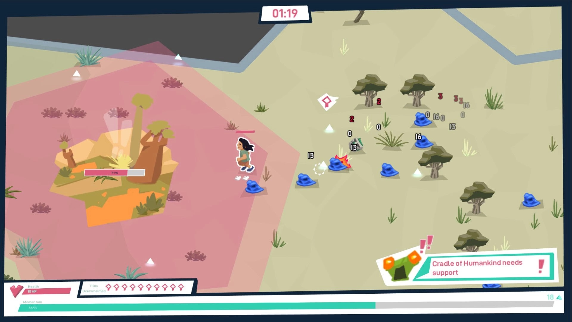 Hotspot Earth: Player dodges blue sludge enemies near a crater zone, timer and support alert UI visible.