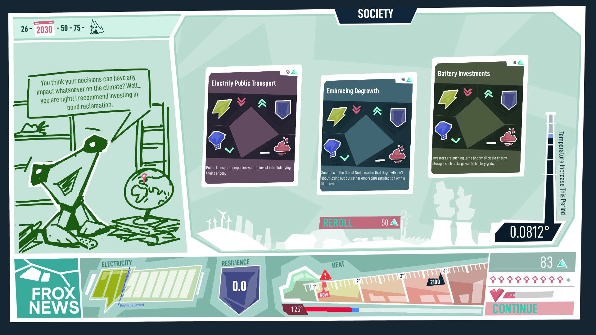 Hotspot Earth: Society policy card selection with reroll and temperature gauge on climate strategy screen.