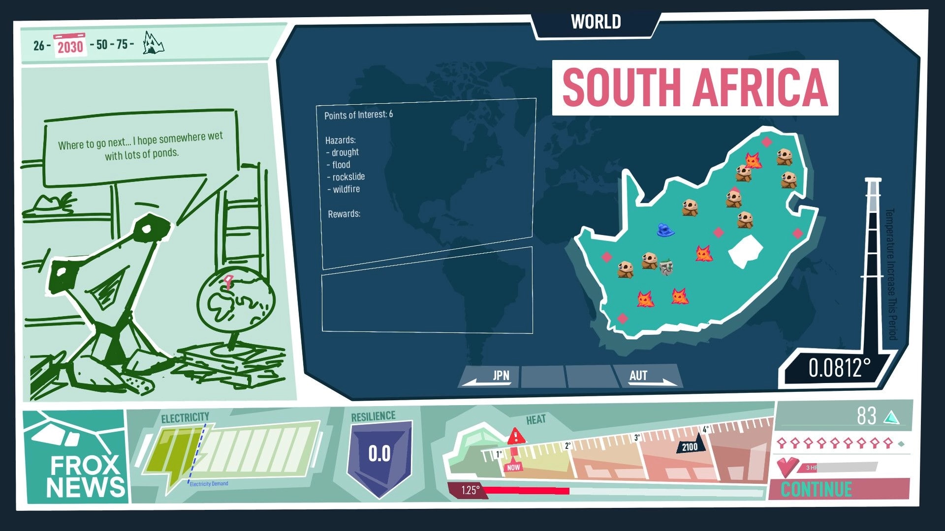 Hotspot Earth: World map view highlighting South Africa with hazard icons and temperature gauge UI panel.
