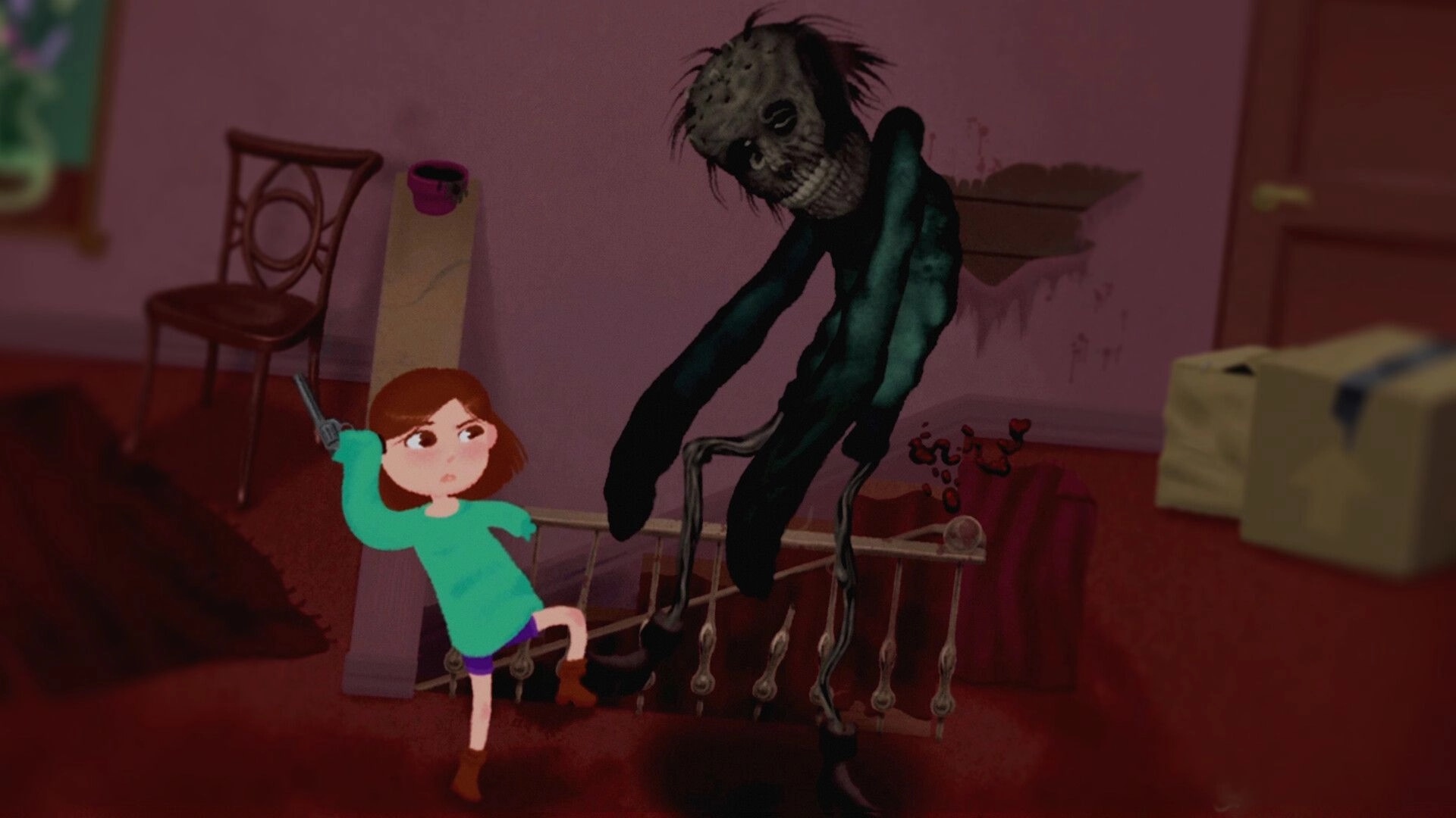 House 2: Young girl confronts eerie creature in dimly lit room with scattered furniture and broken wall