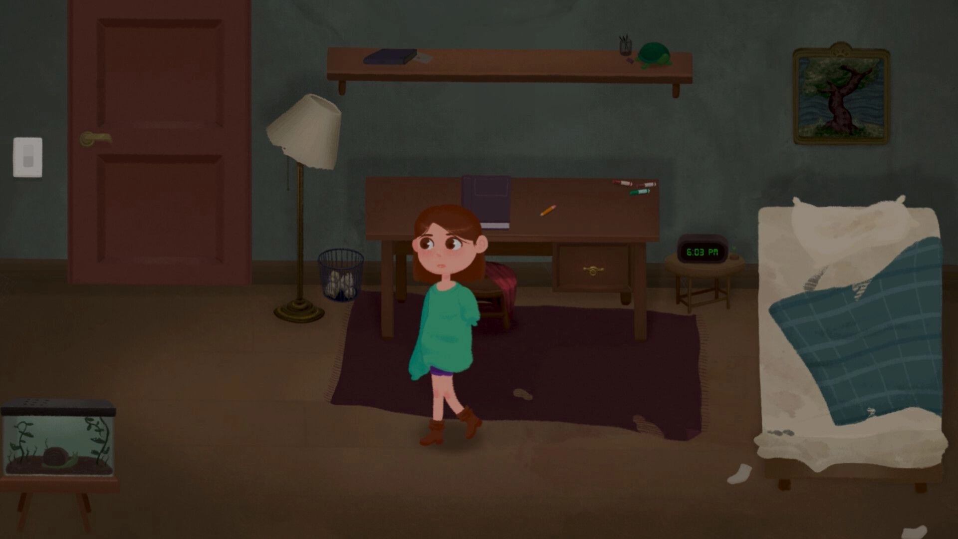 House 2: Young girl stands in a dimly lit bedroom with a fish tank and a desk at 6:03 PM.