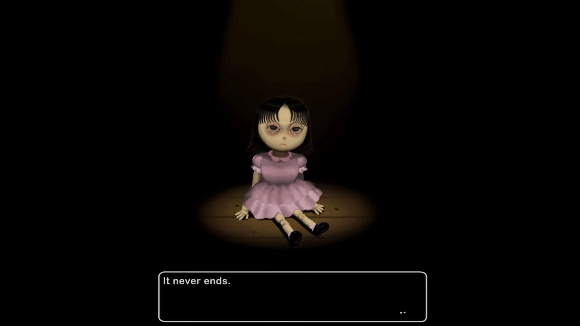 House 2: Young girl in pink dress sits on wooden floor spotlighted in dark room with text "It never ends."