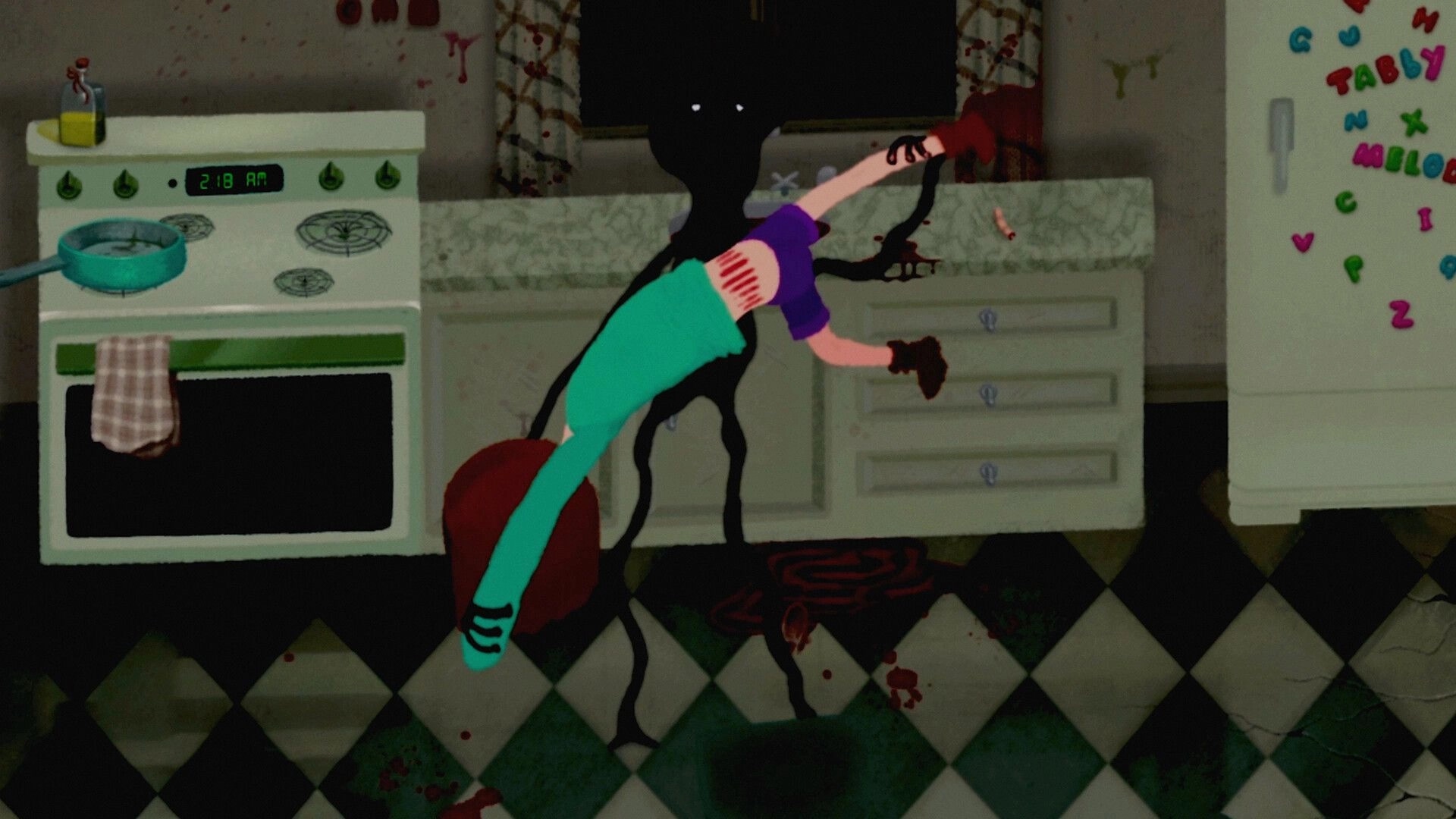 House 2: Shadowy figure attacks girl in blood-stained kitchen with stove clock showing 2:18 AM.