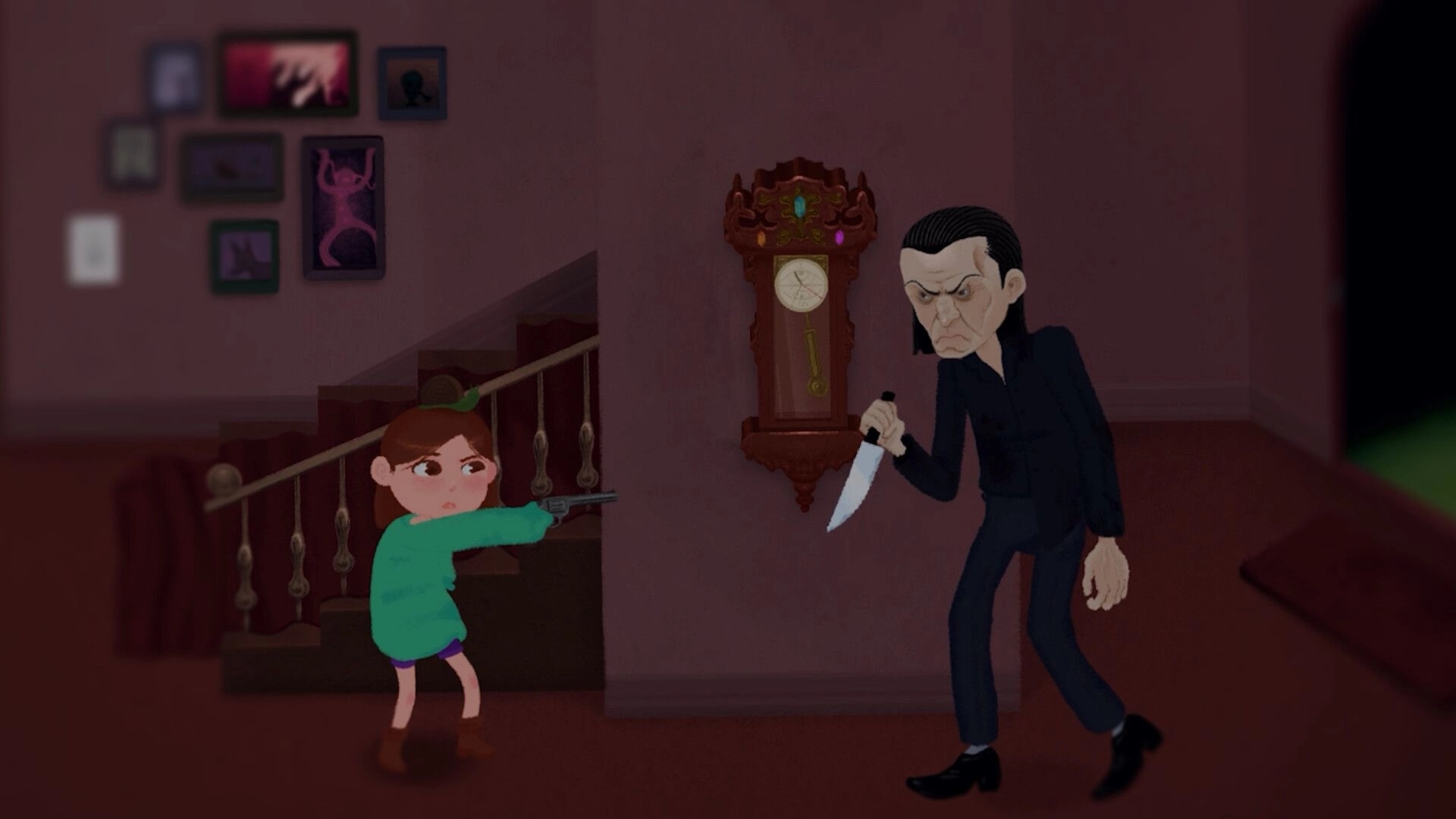 House 2: Young girl aiming gun at knife-wielding figure near staircase in dimly lit hallway.